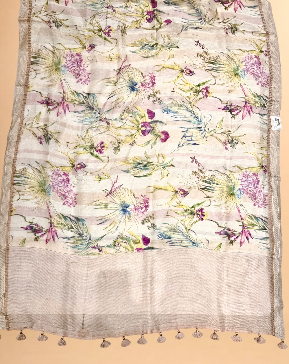 Ivory Pure Linen Printed Silk Saree