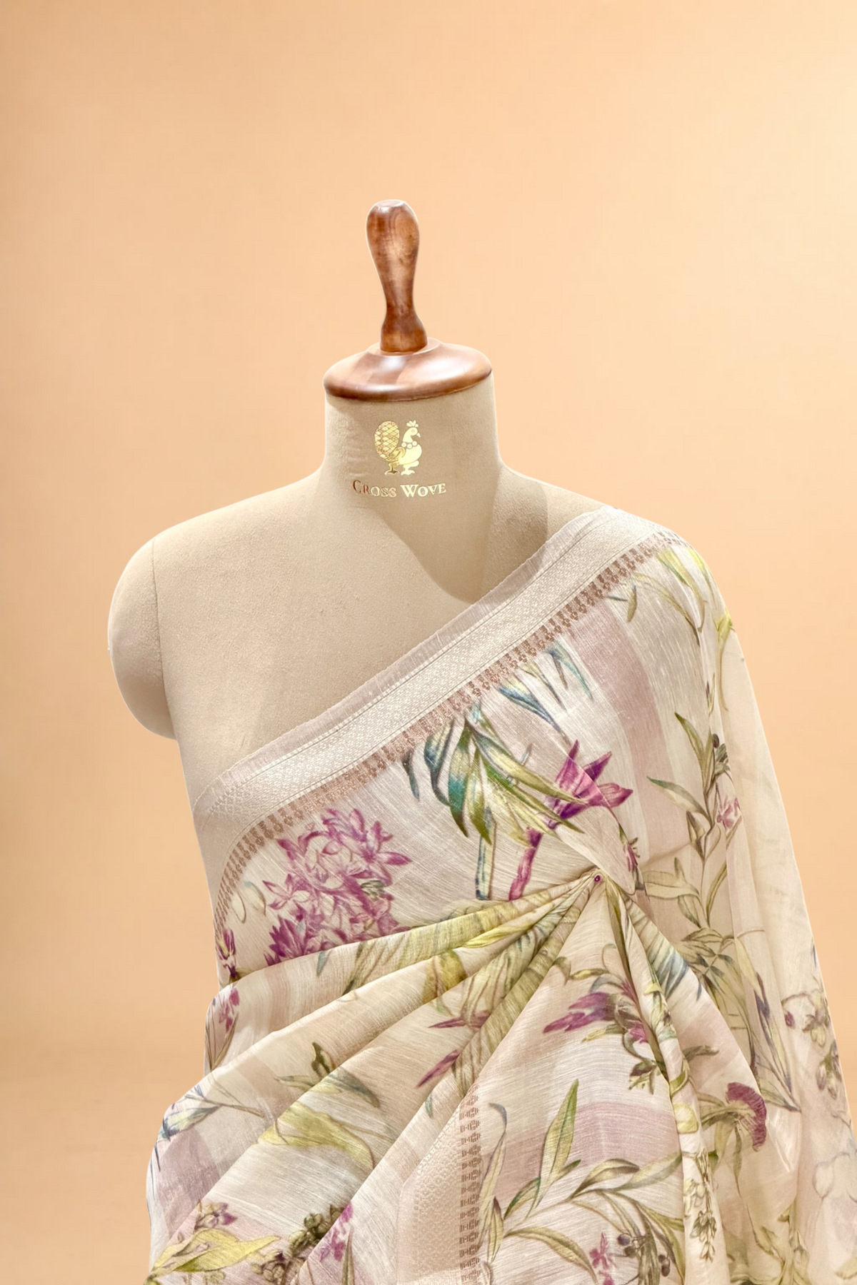 Ivory Pure Linen Printed Silk Saree