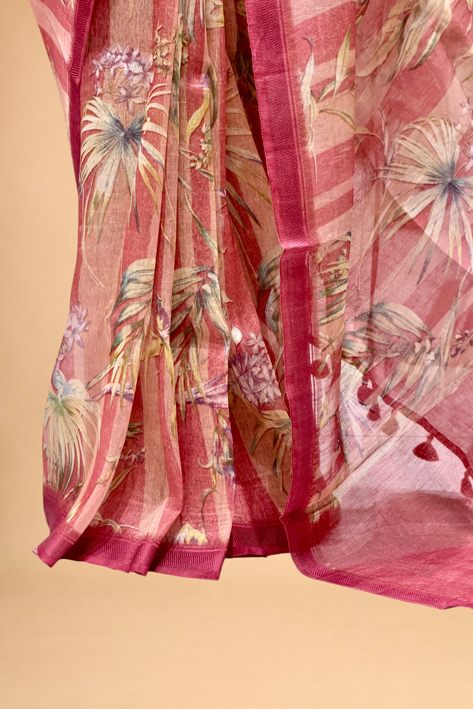 Magenta Pink Pure Linen Printed Silk Saree