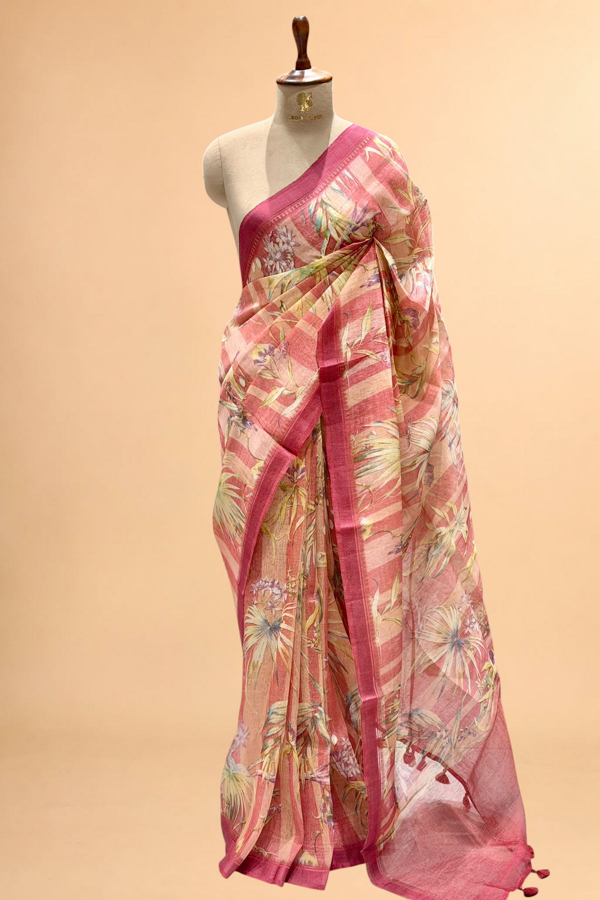 Magenta Pink Pure Linen Printed Silk Saree