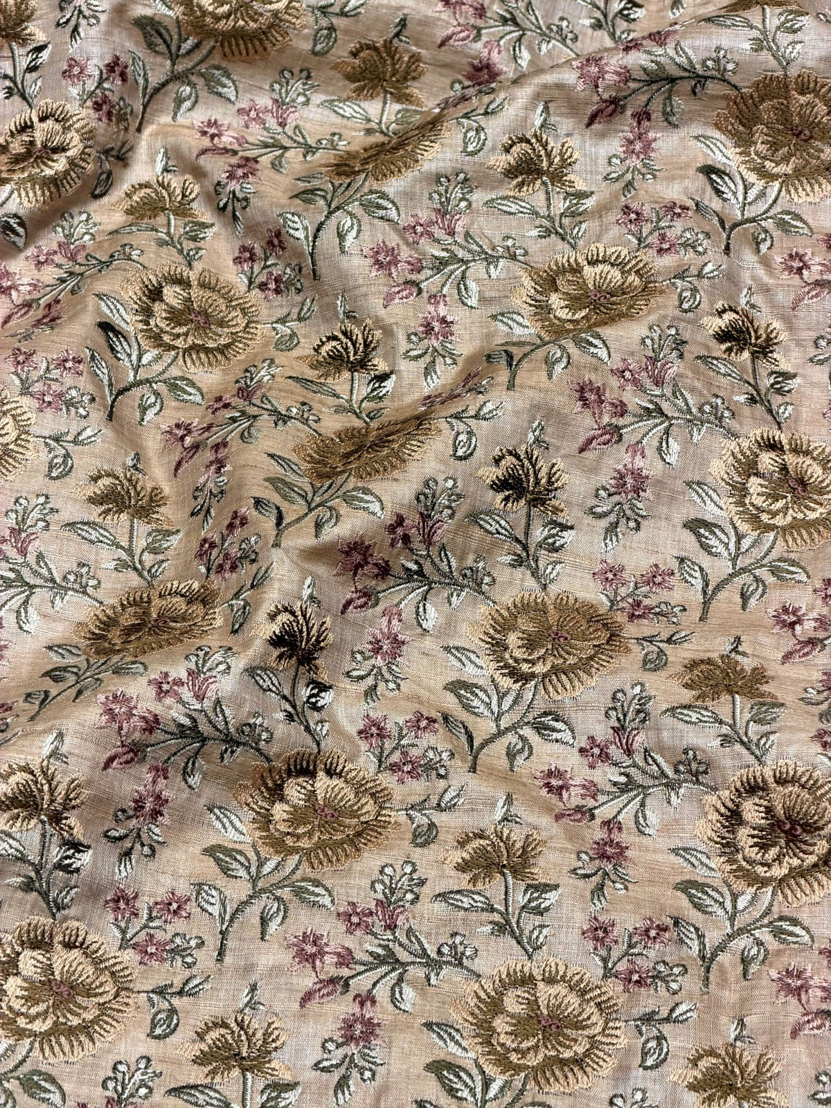 Beige Pure Tussar Natural Floral Embroidered Fabric