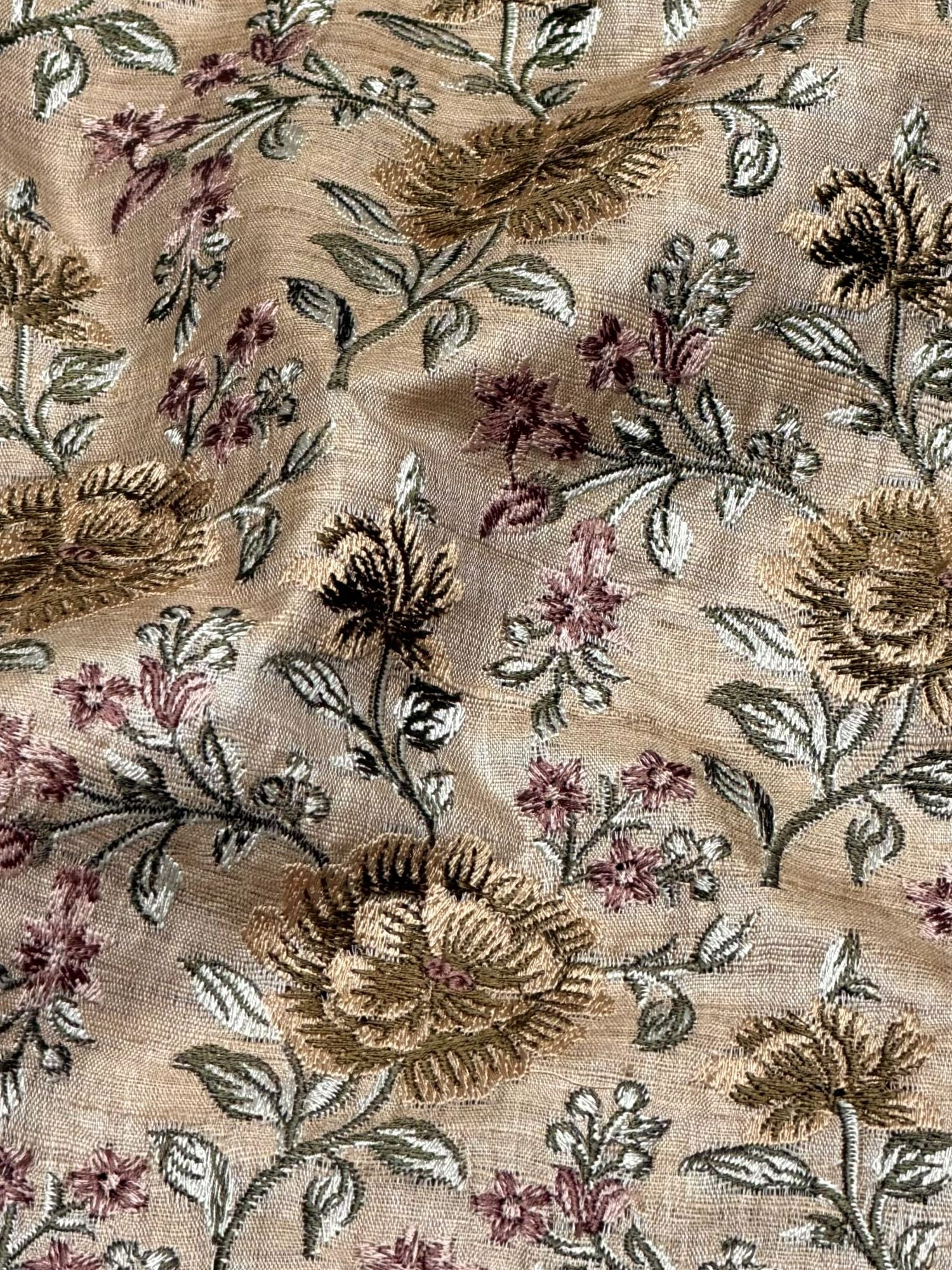 Beige Pure Tussar Natural Floral Embroidered Fabric