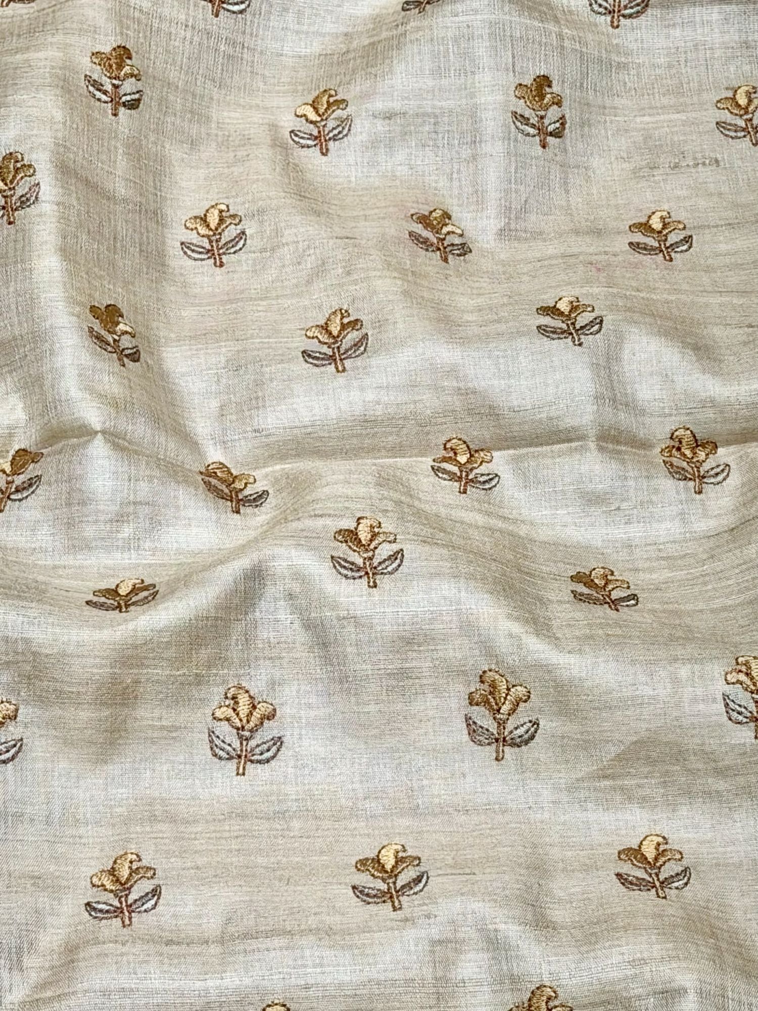 Ivory-Beige Pure Tussar Natural Floral Embroidered Fabric