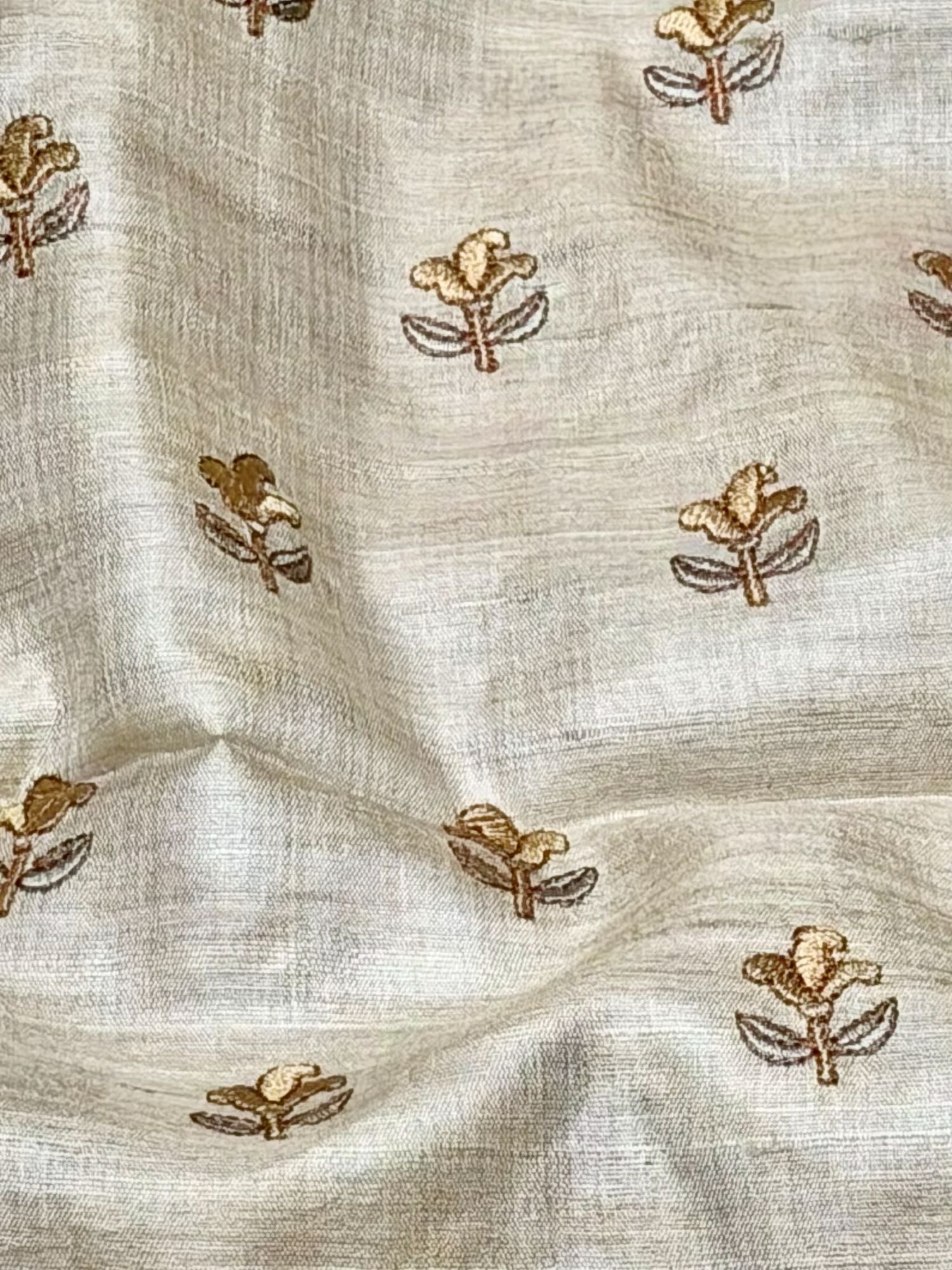 Ivory-Beige Pure Tussar Natural Floral Embroidered Fabric