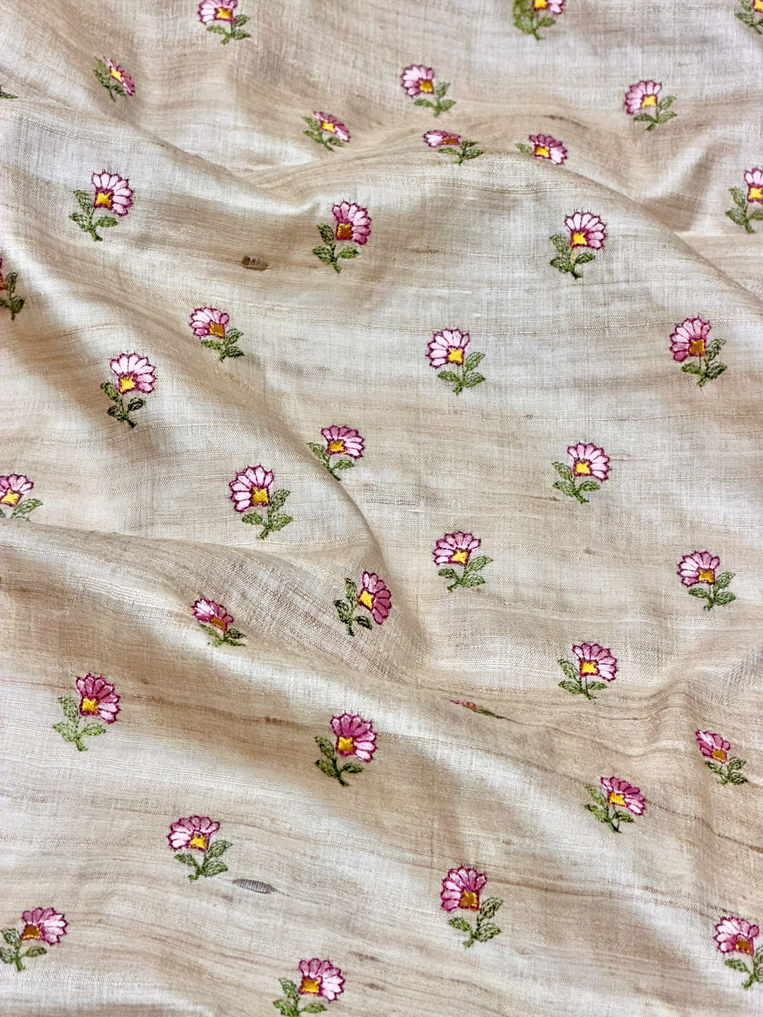 Ivory-Beige Pure Tussar Natural Floral Embroidered Fabric