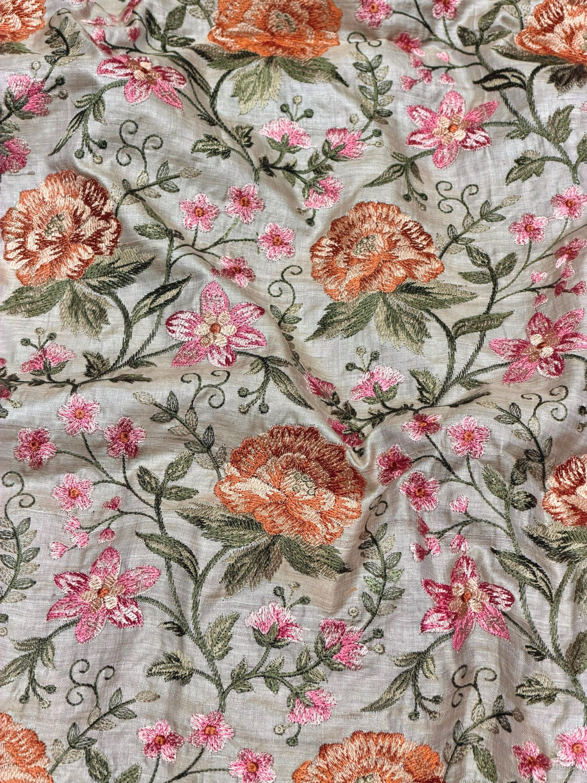 Ivory-Beige Pure Tussar Natural Floral Embroidered Fabric