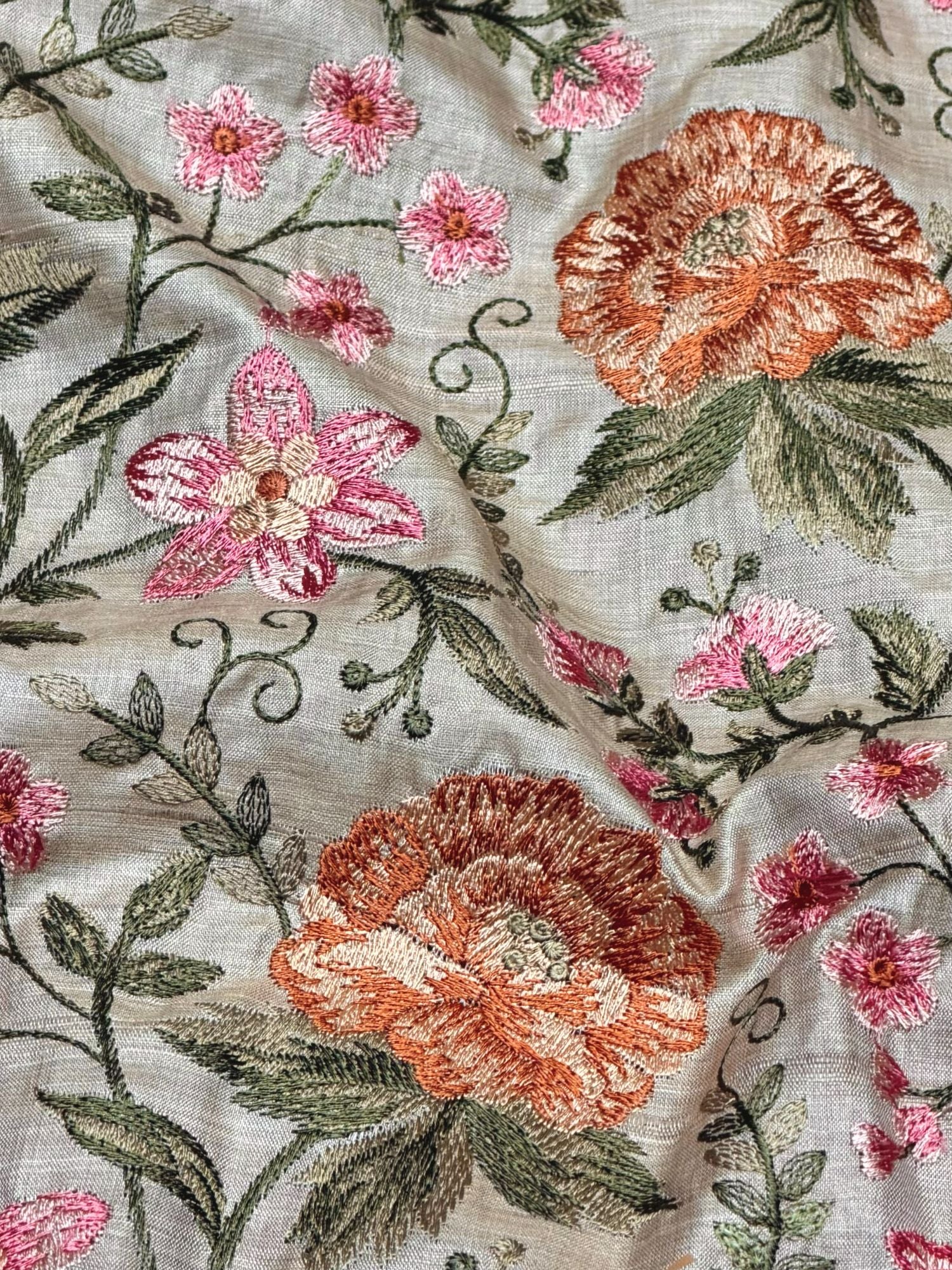 Ivory-Beige Pure Tussar Natural Floral Embroidered Fabric