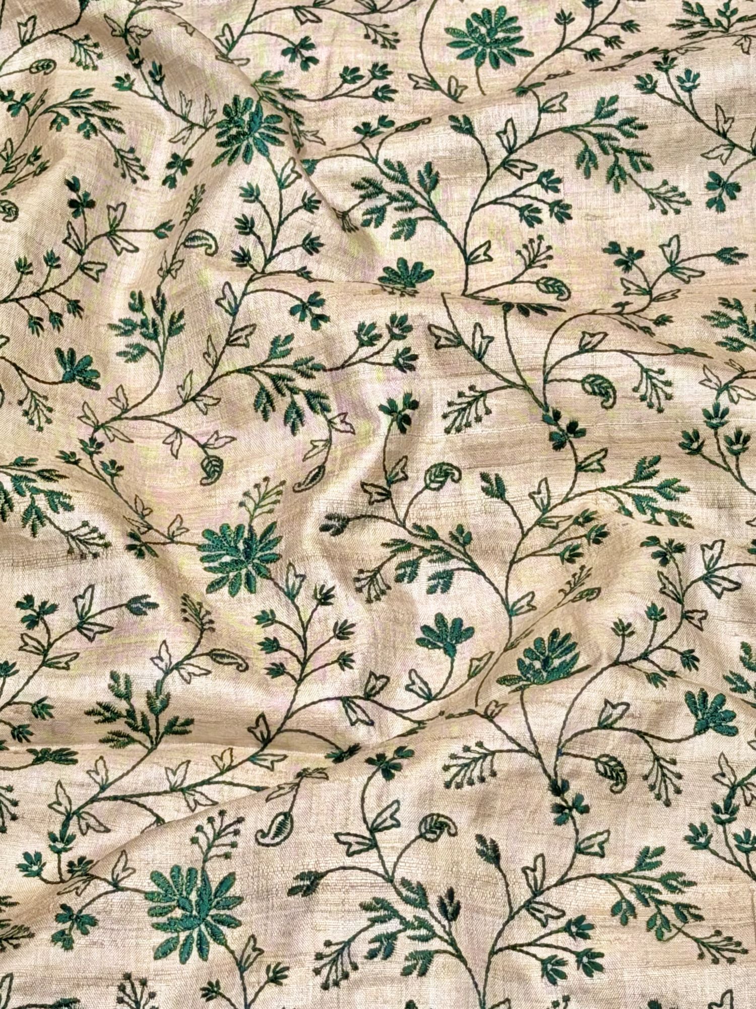 Ivory-Beige Pure Tussar Natural Floral Embroidered Fabric