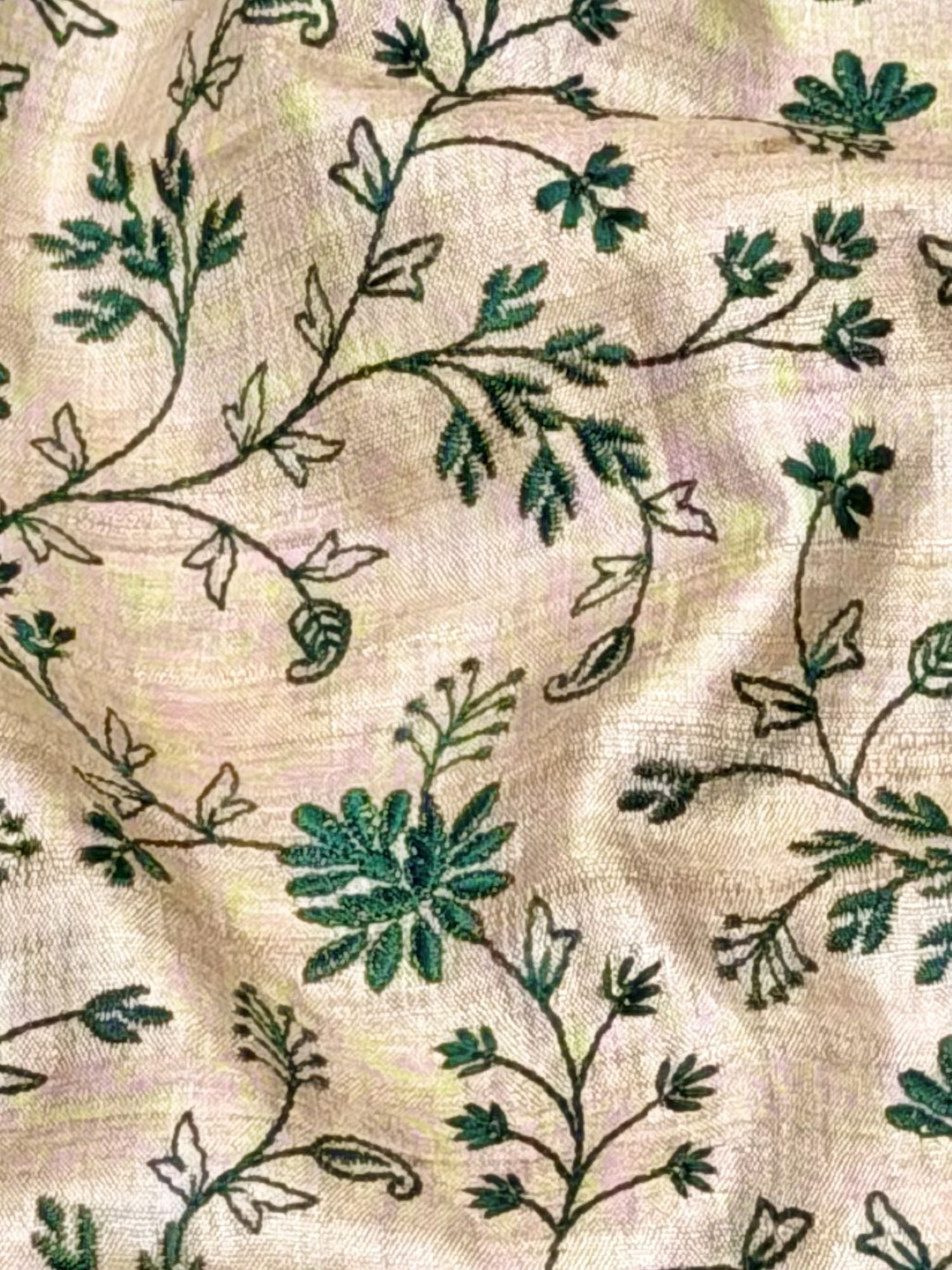 Ivory-Beige Pure Tussar Natural Floral Embroidered Fabric