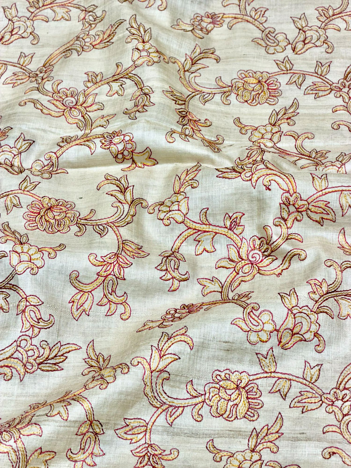 Ivory-Beige Pure Tussar Natural Floral Embroidered Fabric