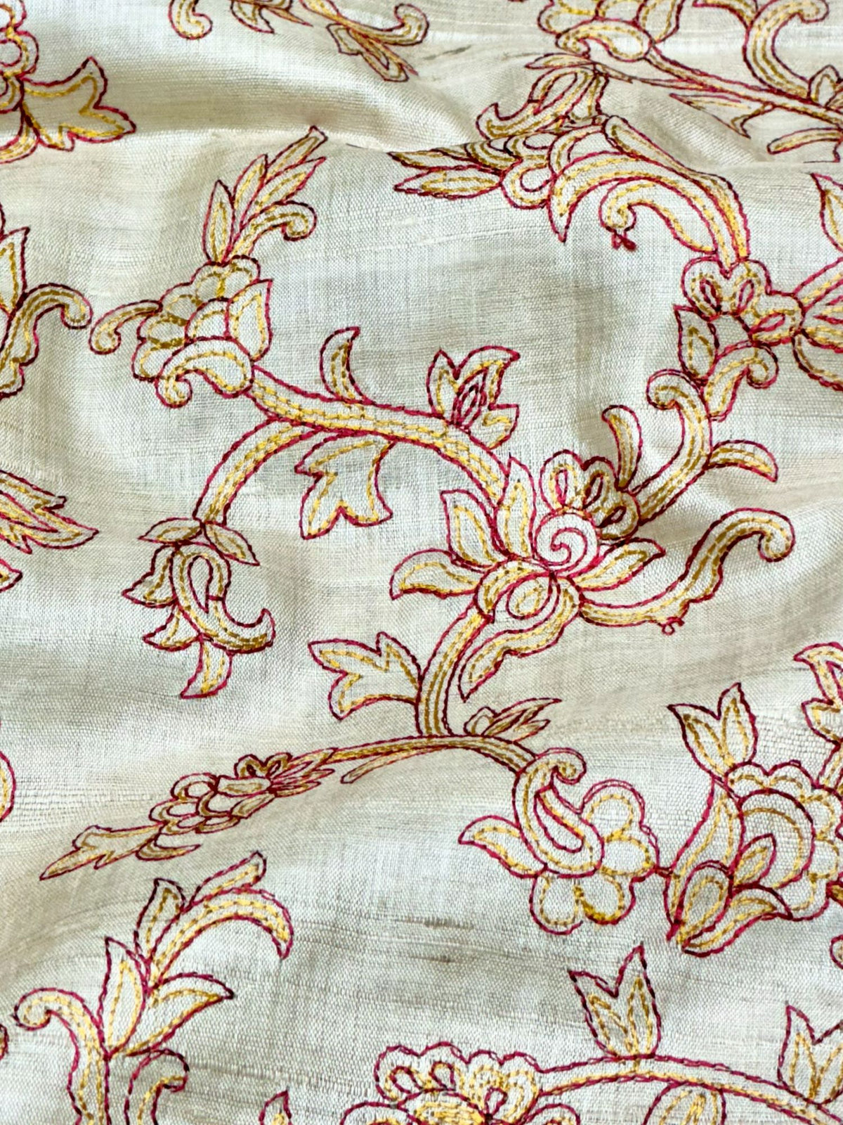 Ivory-Beige Pure Tussar Natural Floral Embroidered Fabric