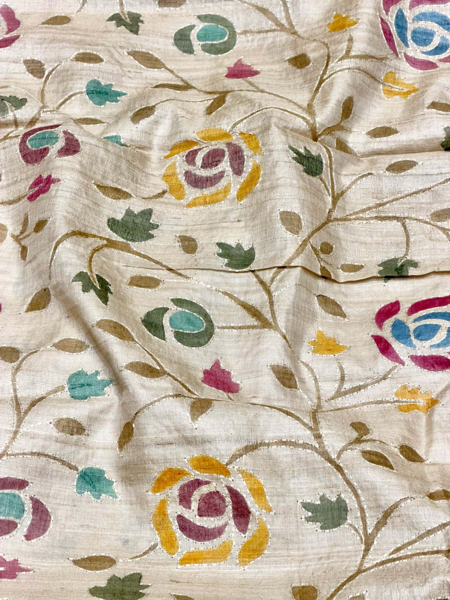 Ivory-Beige Pure Tussar Natural Floral Embroidered Fabric