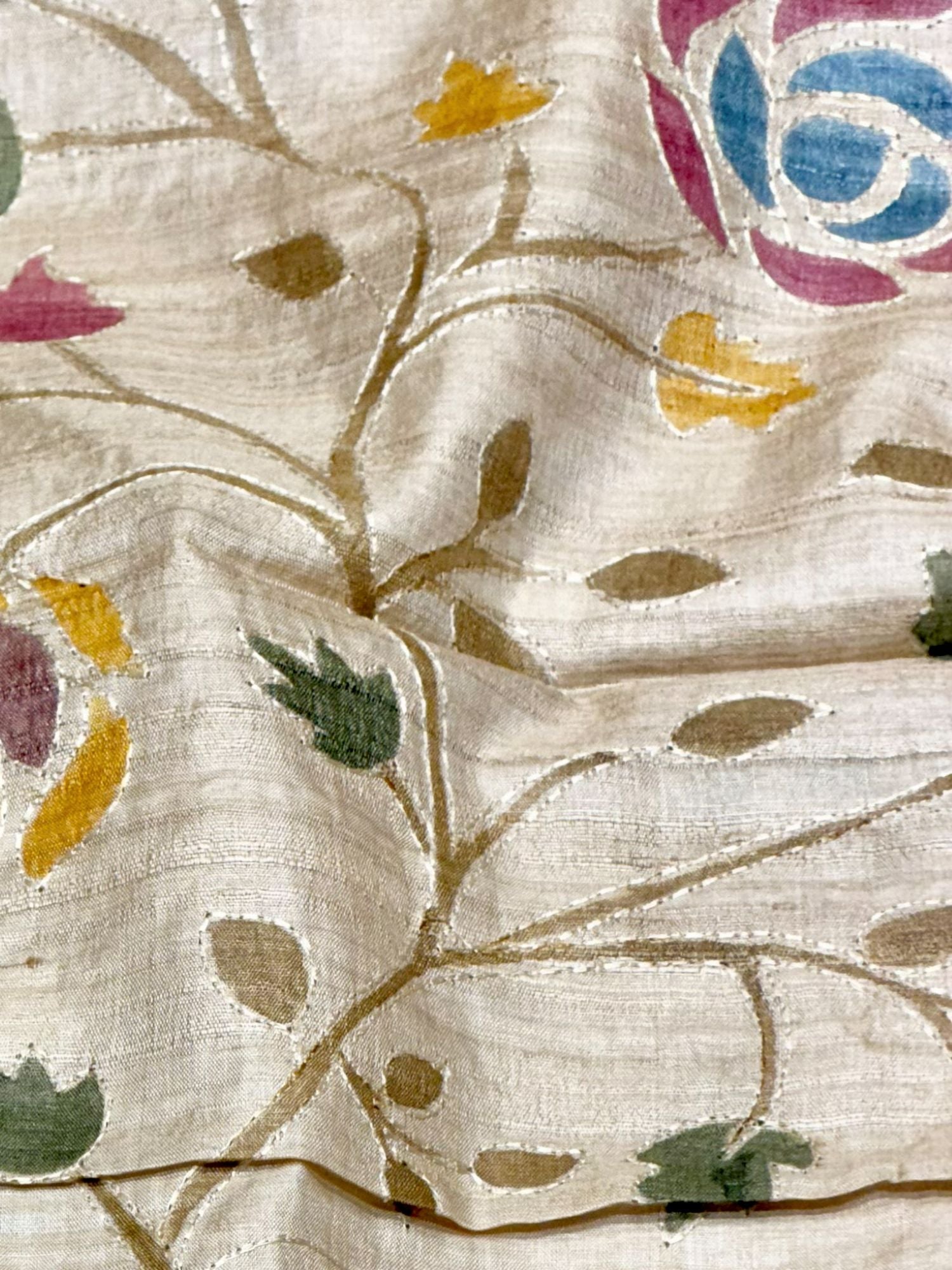 Ivory-Beige Pure Tussar Natural Floral Embroidered Fabric