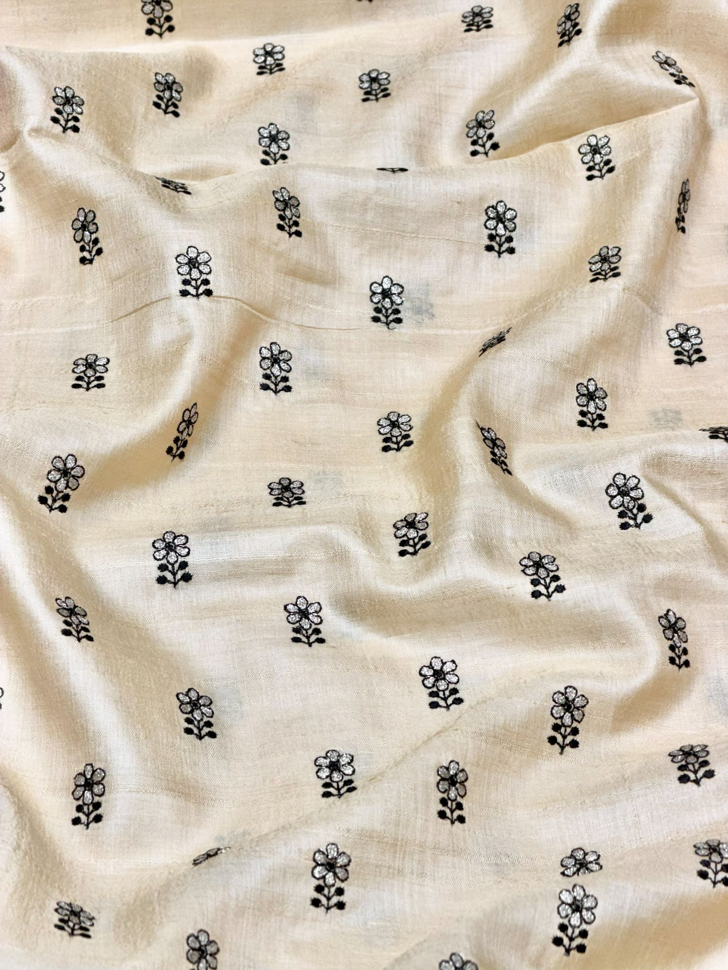 Ivory-Cream Pure Tussar Natural Floral Embroidered Fabric
