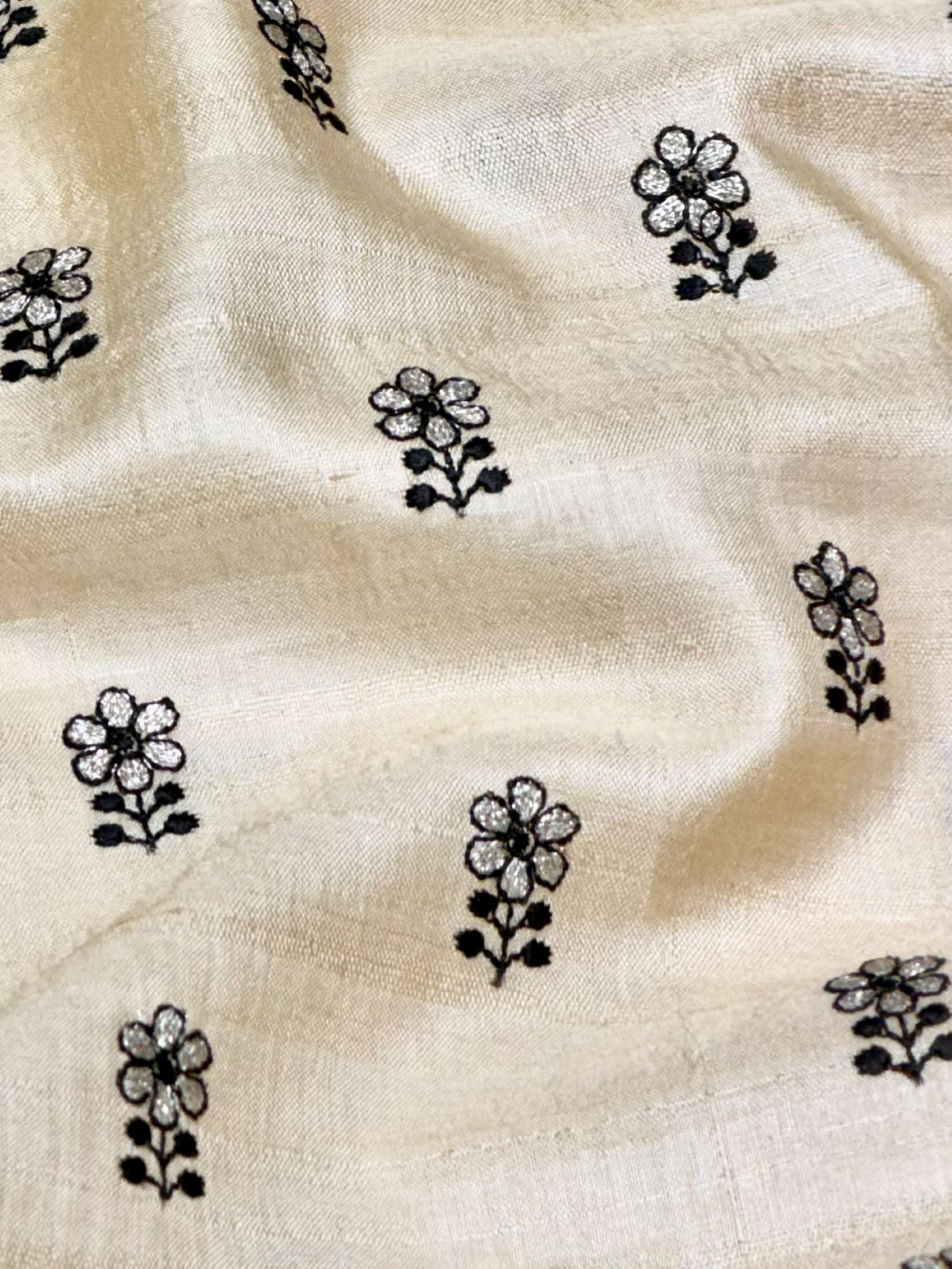 Ivory-Cream Pure Tussar Natural Floral Embroidered Fabric