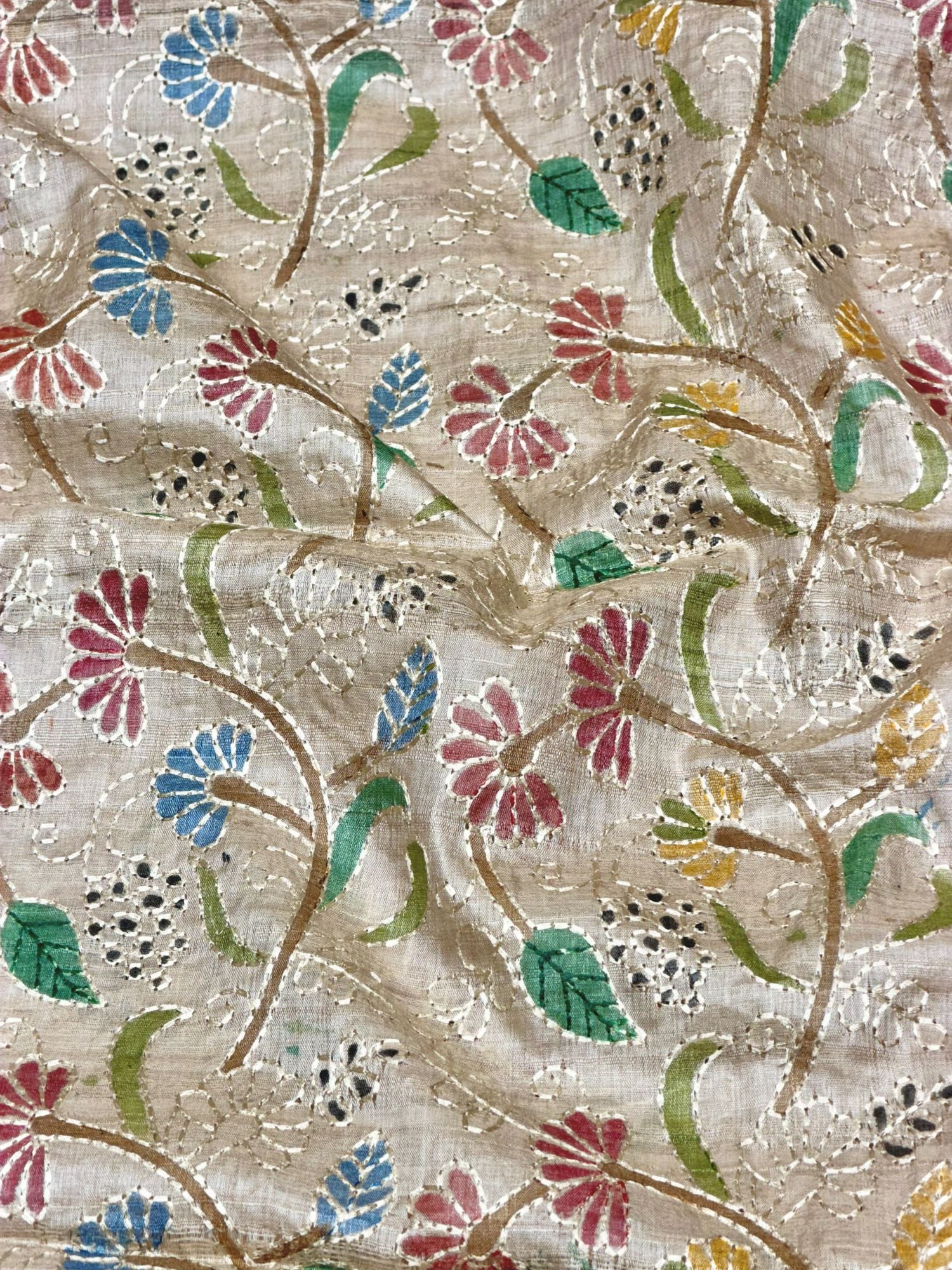 Beige Pure Tussar Natural Floral Embroidered Fabric