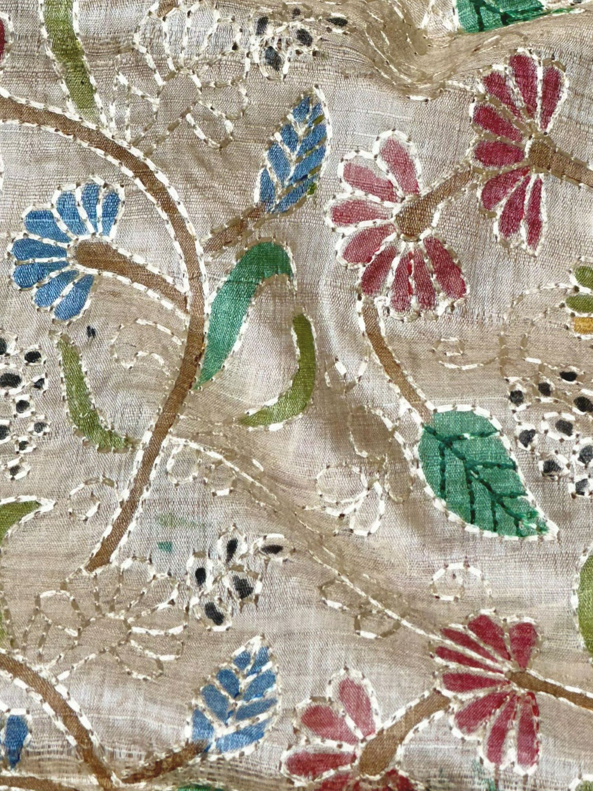 Beige Pure Tussar Natural Floral Embroidered Fabric