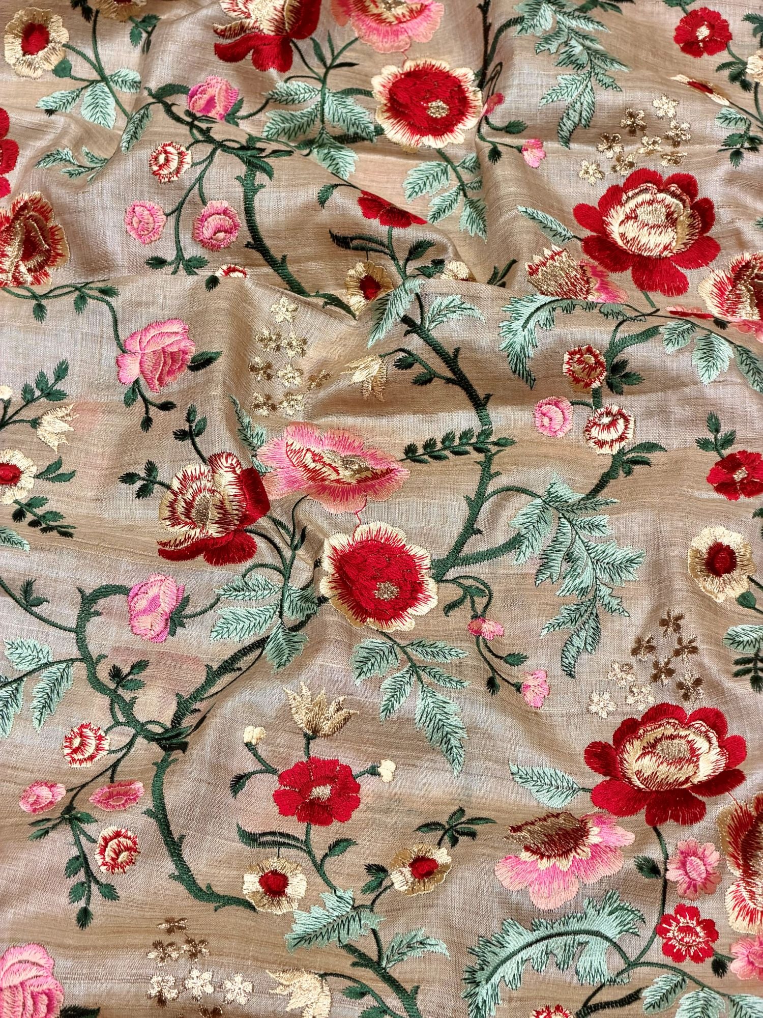 Beige Pure Tussar Natural Floral Embroidered Fabric
