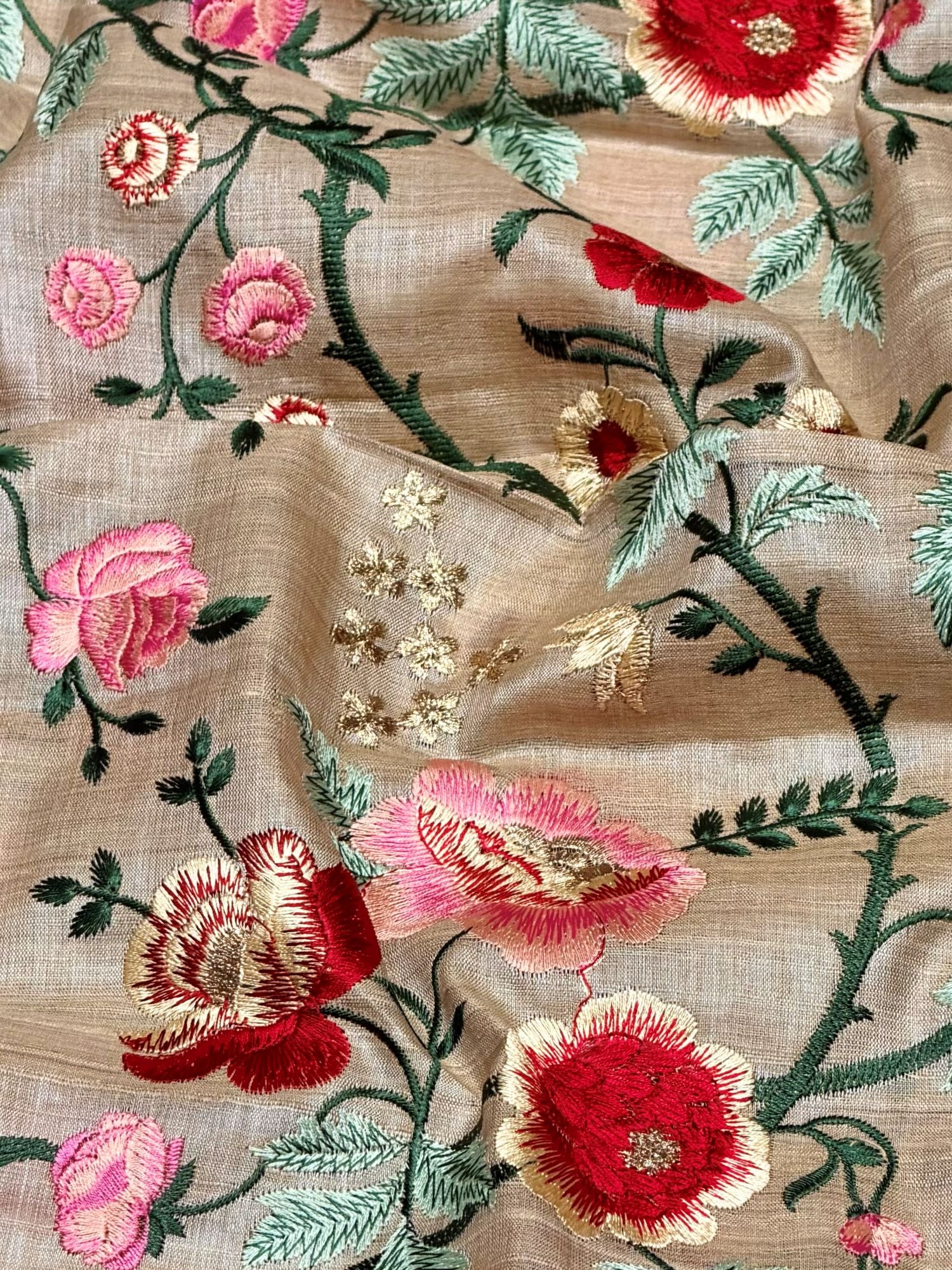 Beige Pure Tussar Natural Floral Embroidered Fabric