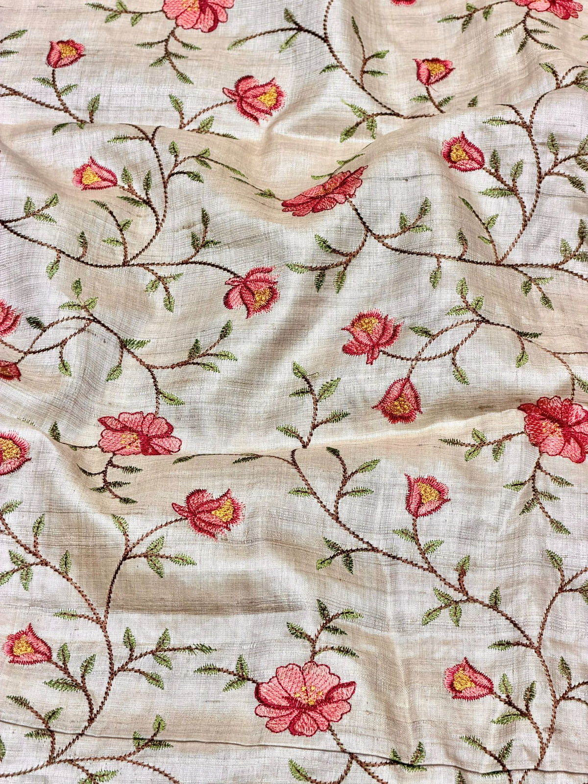 Ivory-Beige Pure Tussar Natural Floral Embroidered Fabric