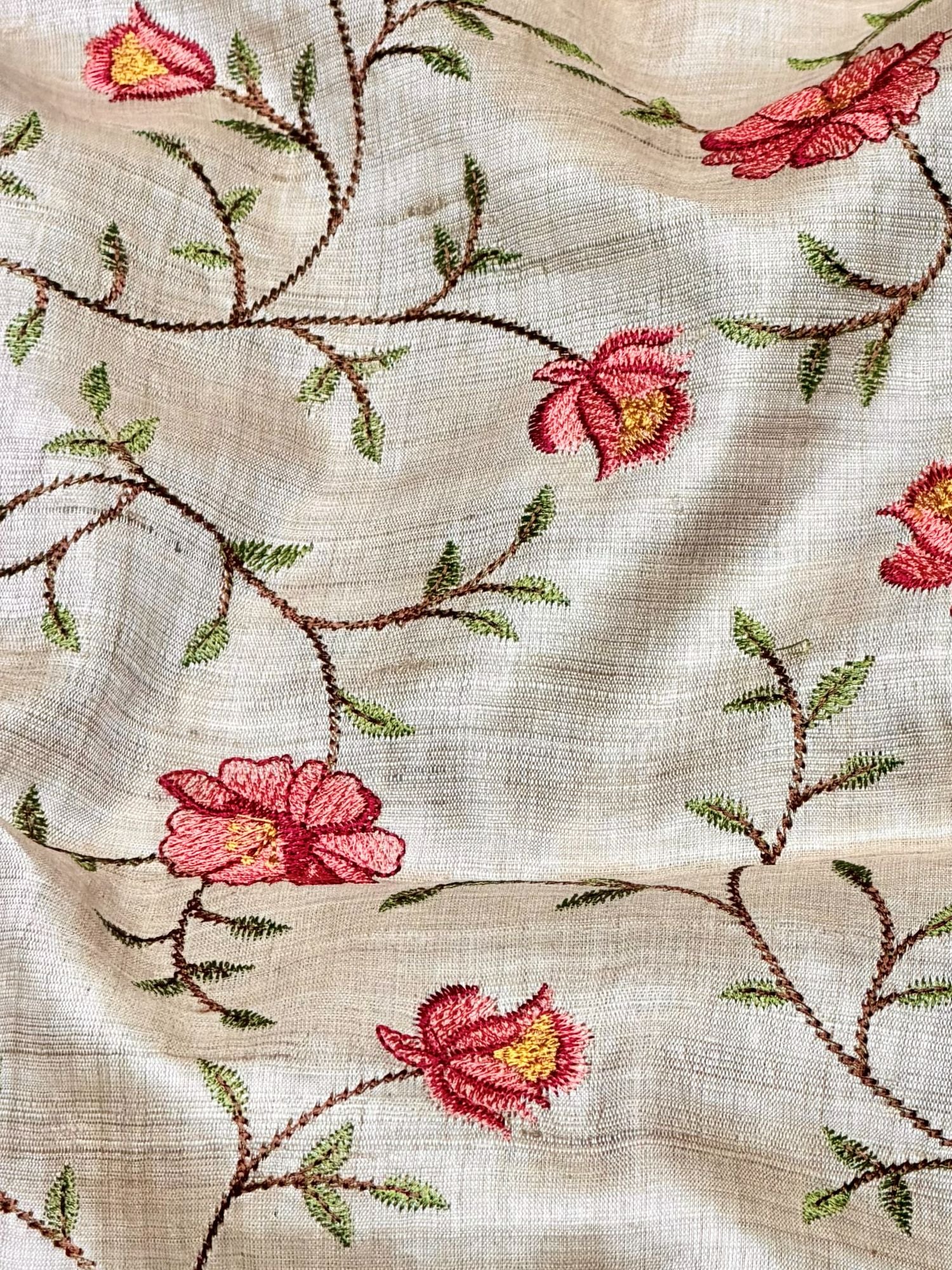 Ivory-Beige Pure Tussar Natural Floral Embroidered Fabric