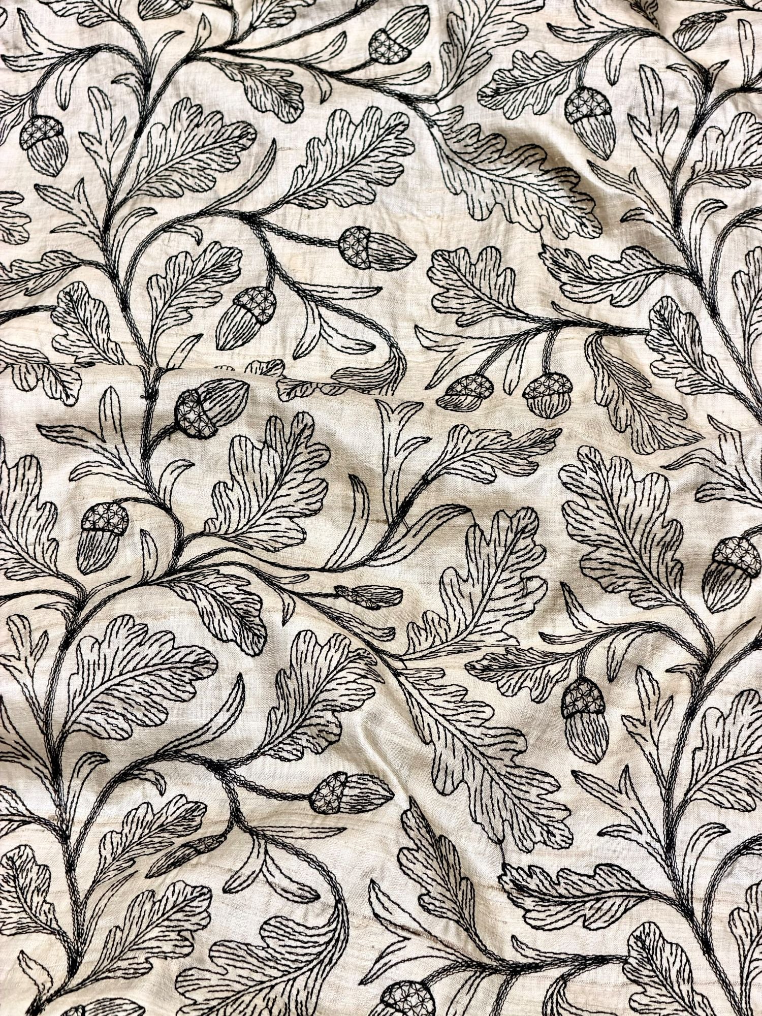 Ivory-Beige Pure Tussar Natural Floral Embroidered Fabric