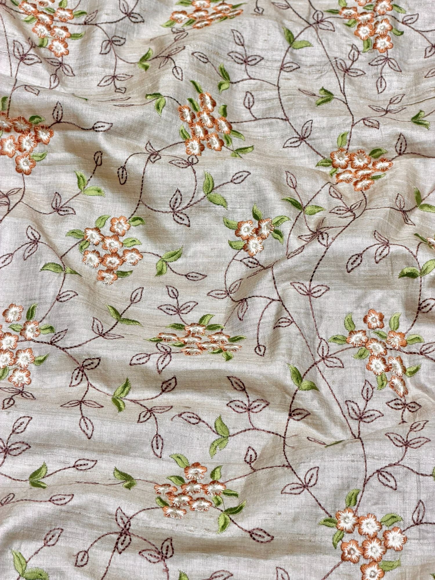 Ivory-Beige Pure Tussar Natural Floral Embroidered Fabric