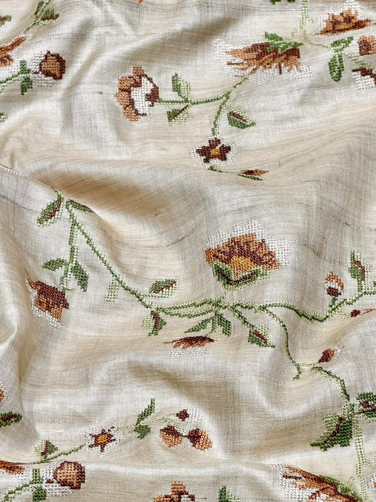 Ivory-Beige Pure Tussar Natural Floral Embroidered Fabric
