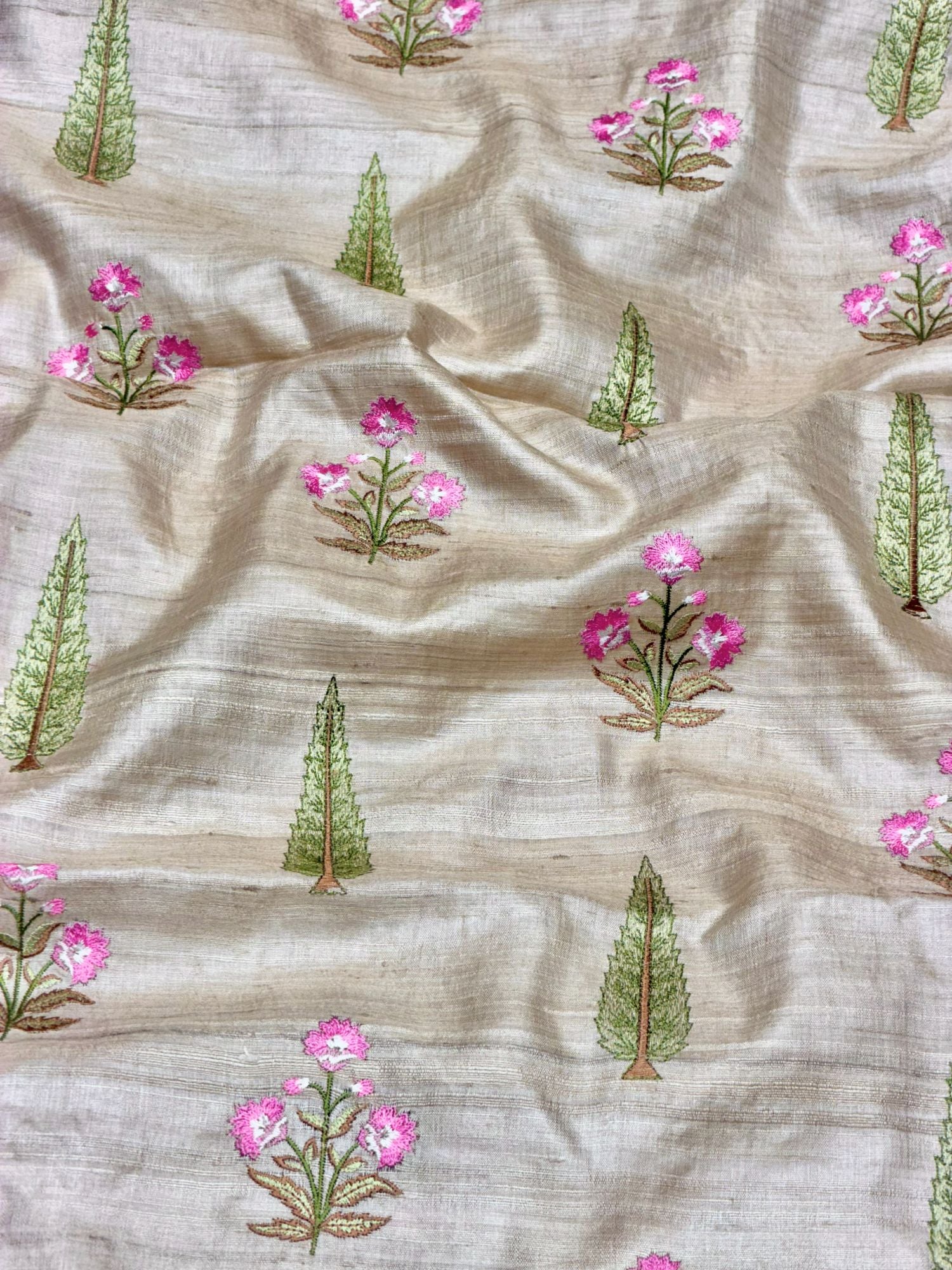 Ivory-Beige Pure Tussar Natural Floral Embroidered Fabric
