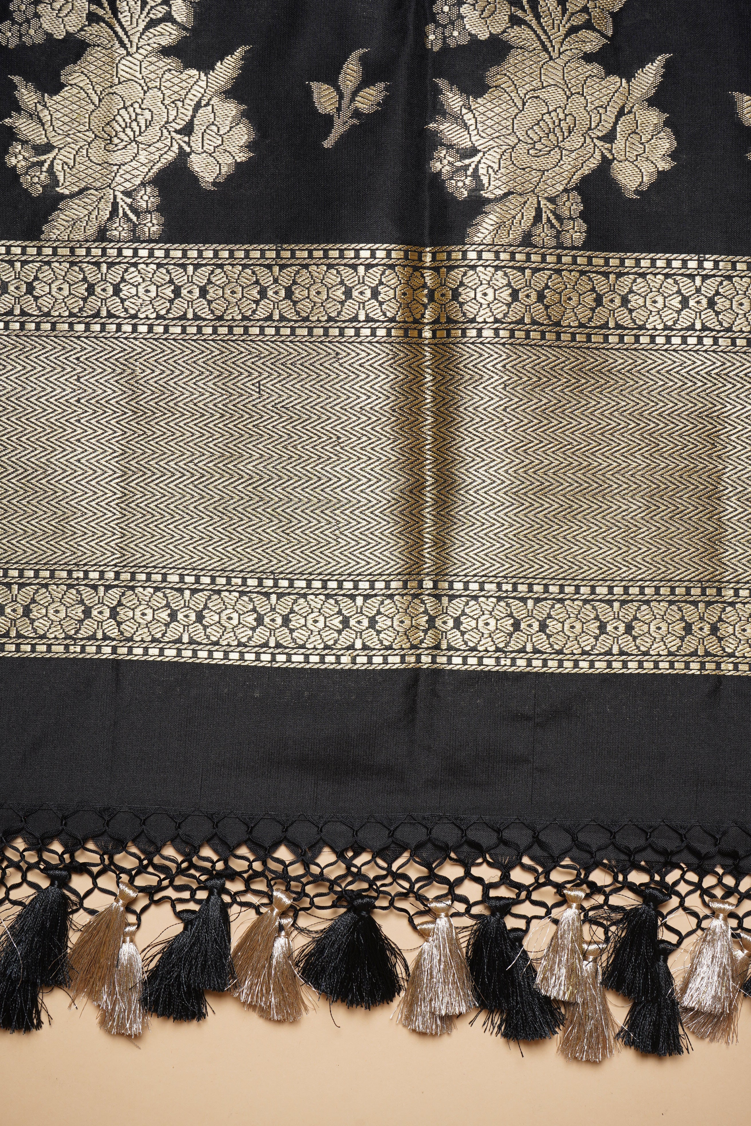 Black Pure Katan Silk Banarasi Handloom Dupatta