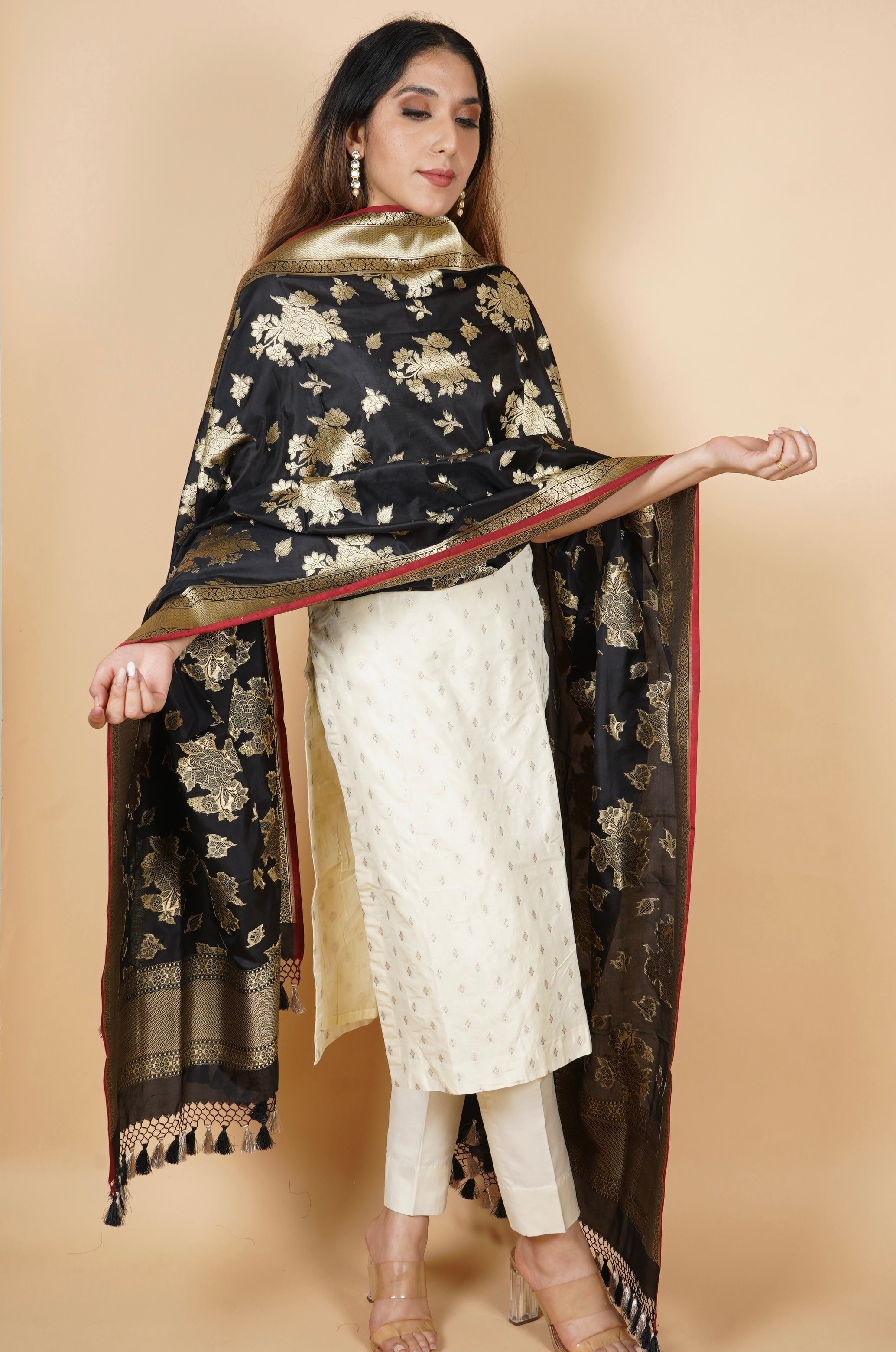 Black Pure Katan Silk Banarasi Handloom Dupatta