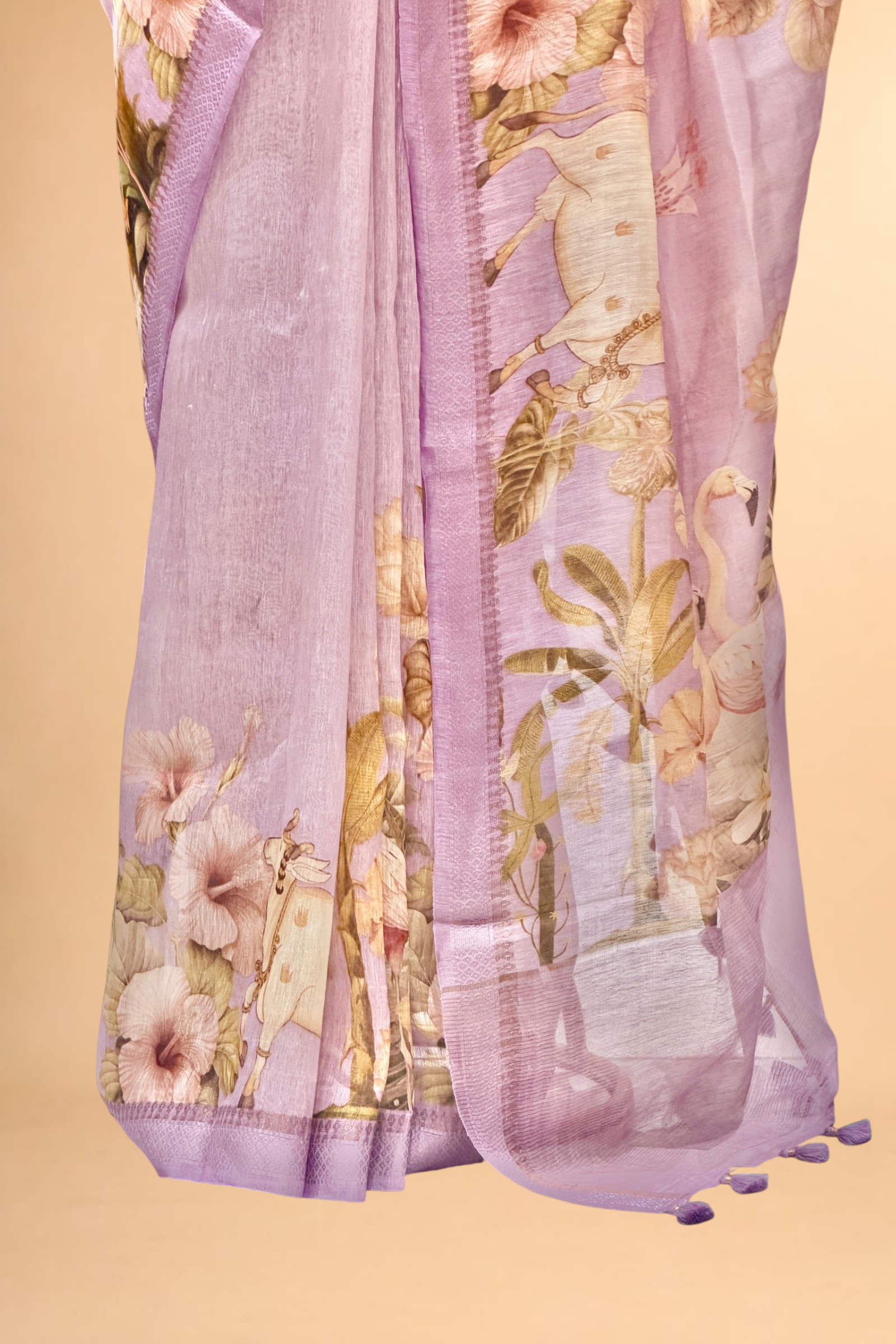Lavender Pure Linen Pichwai Printed Silk Saree
