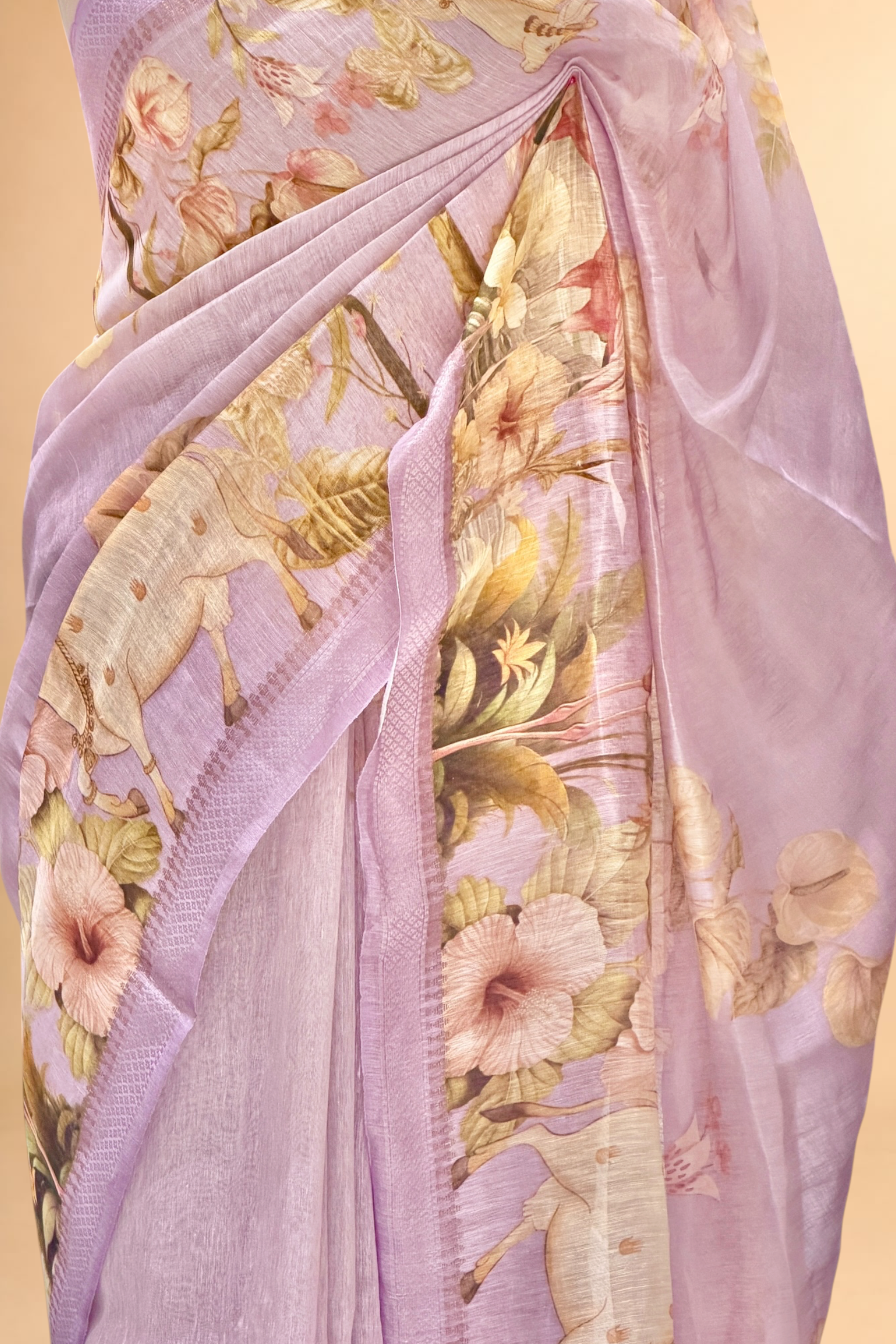 Lavender Pure Linen Pichwai Printed Silk Saree