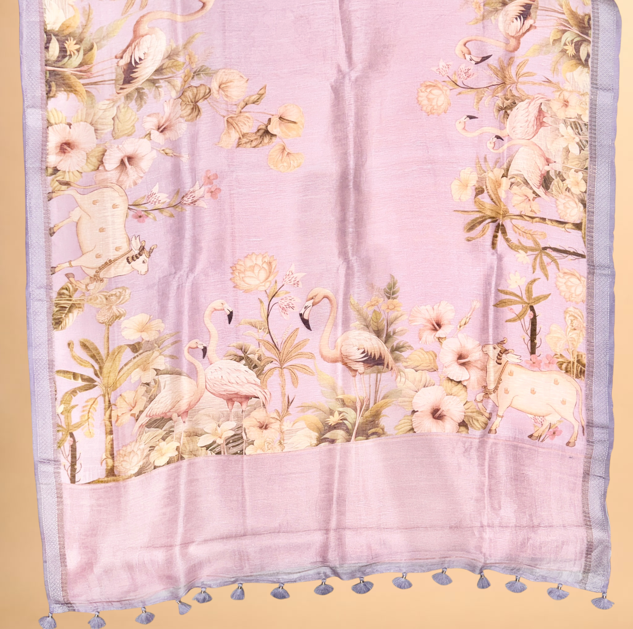 Lavender Pure Linen Pichwai Printed Silk Saree