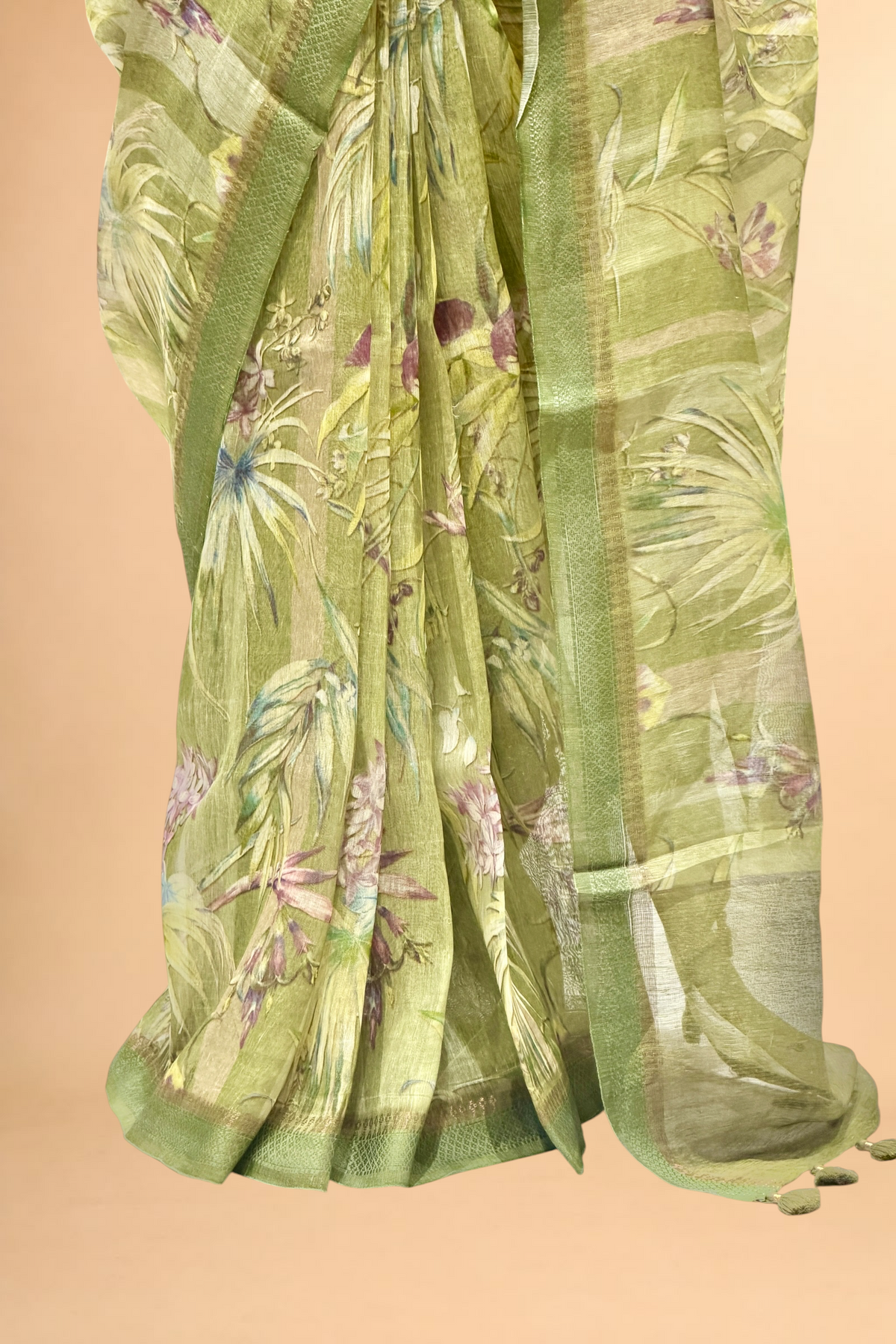Olive Pista Green Pure Linen Pichwai Printed Silk Saree