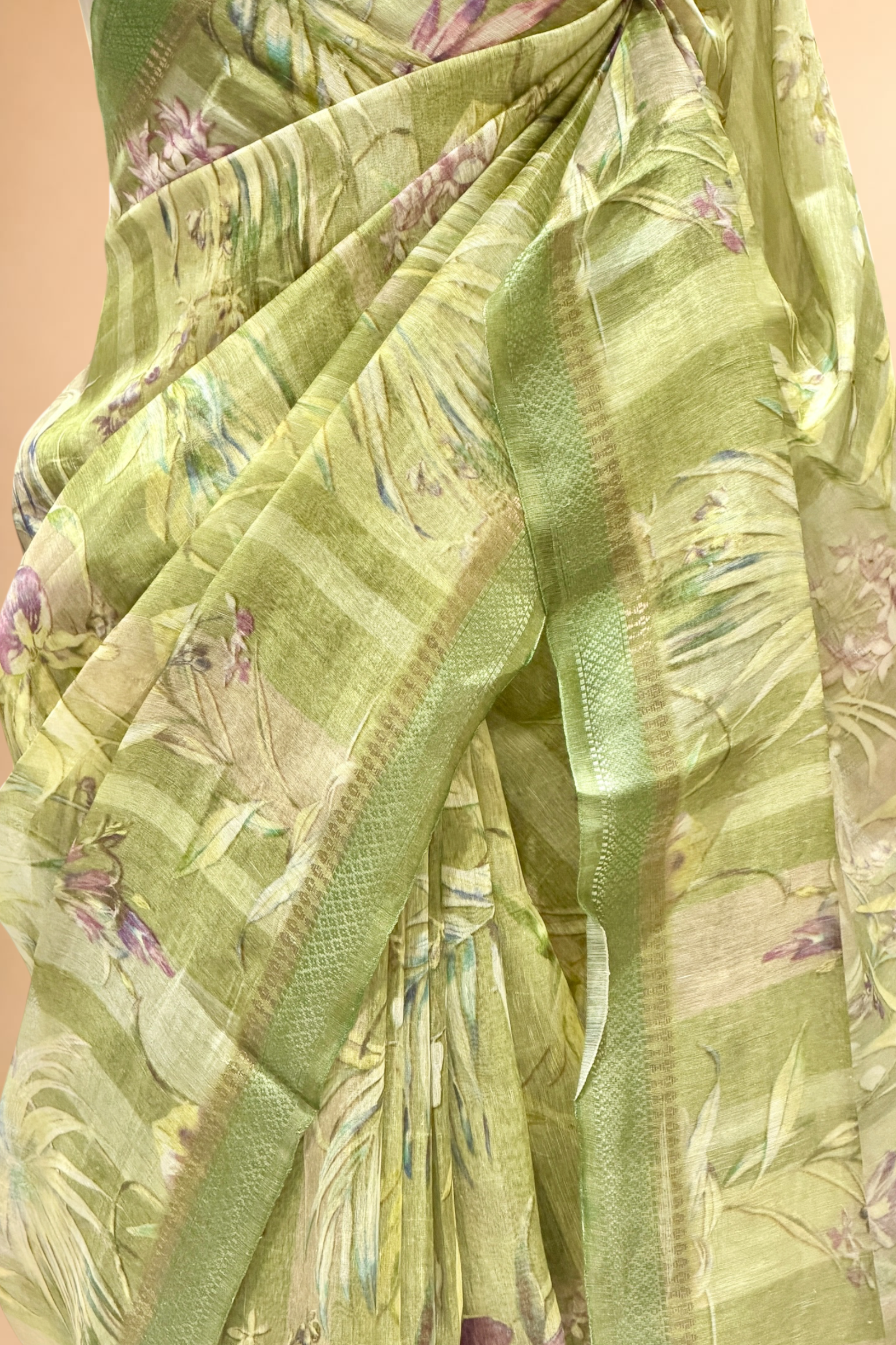 Olive Pista Green Pure Linen Pichwai Printed Silk Saree