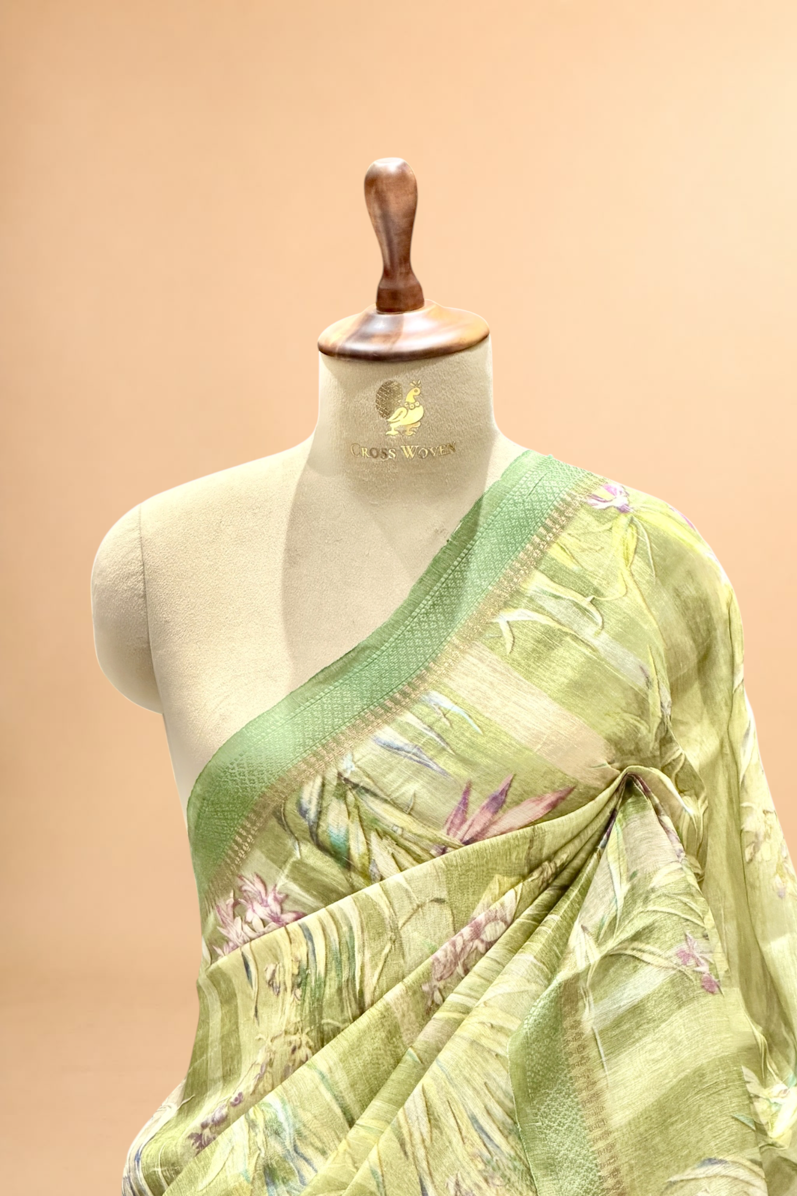 Olive Pista Green Pure Linen Pichwai Printed Silk Saree