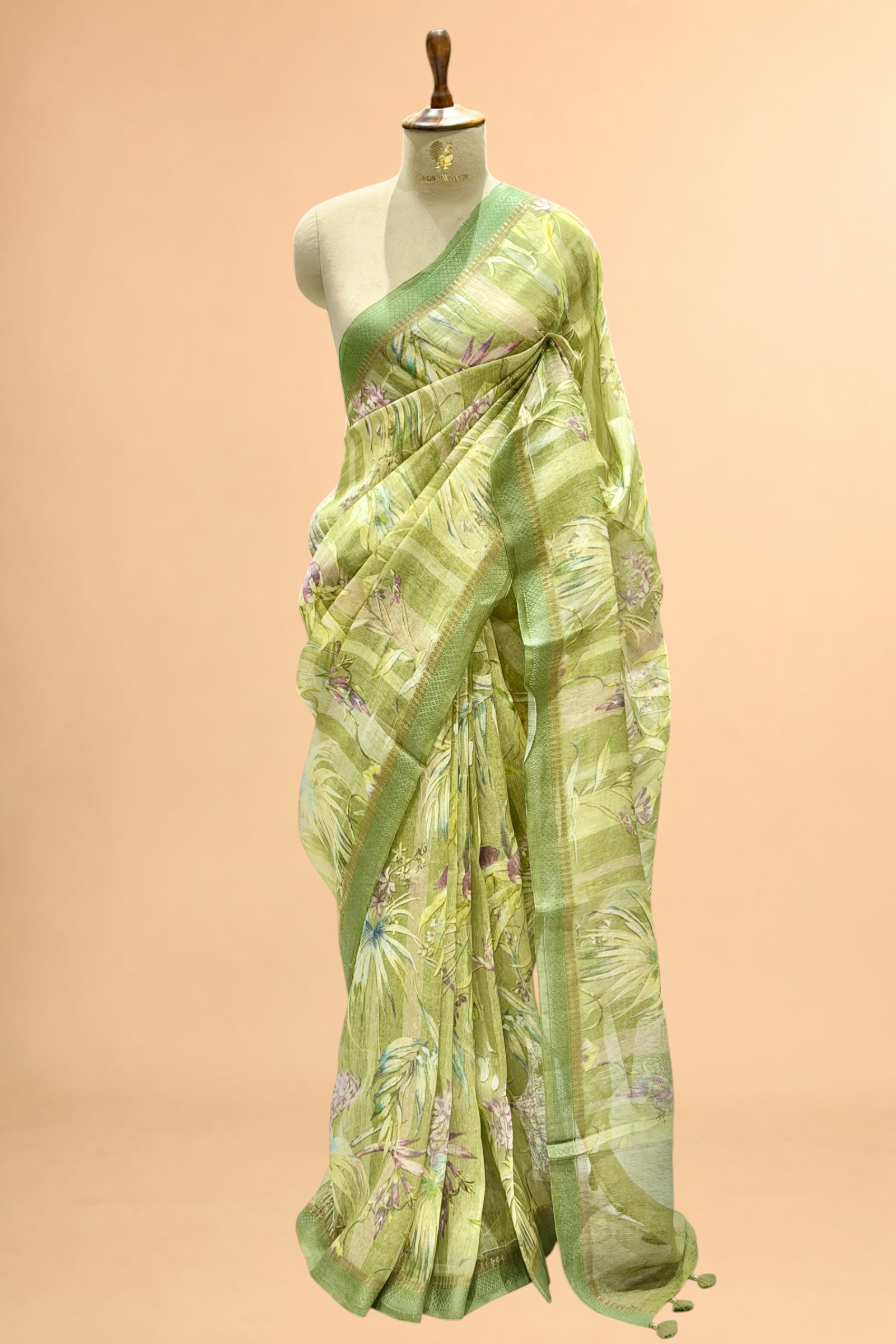 Olive Pista Green Pure Linen Pichwai Printed Silk Saree