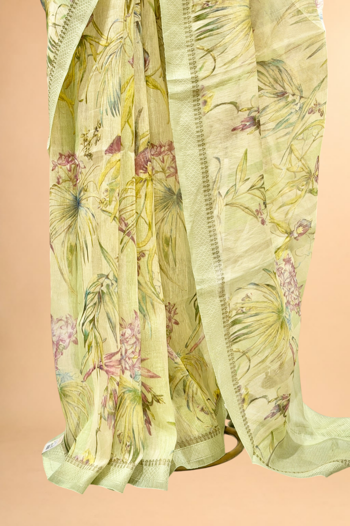 Pastel Pista Green Pure Linen Pichwai Printed Silk Saree