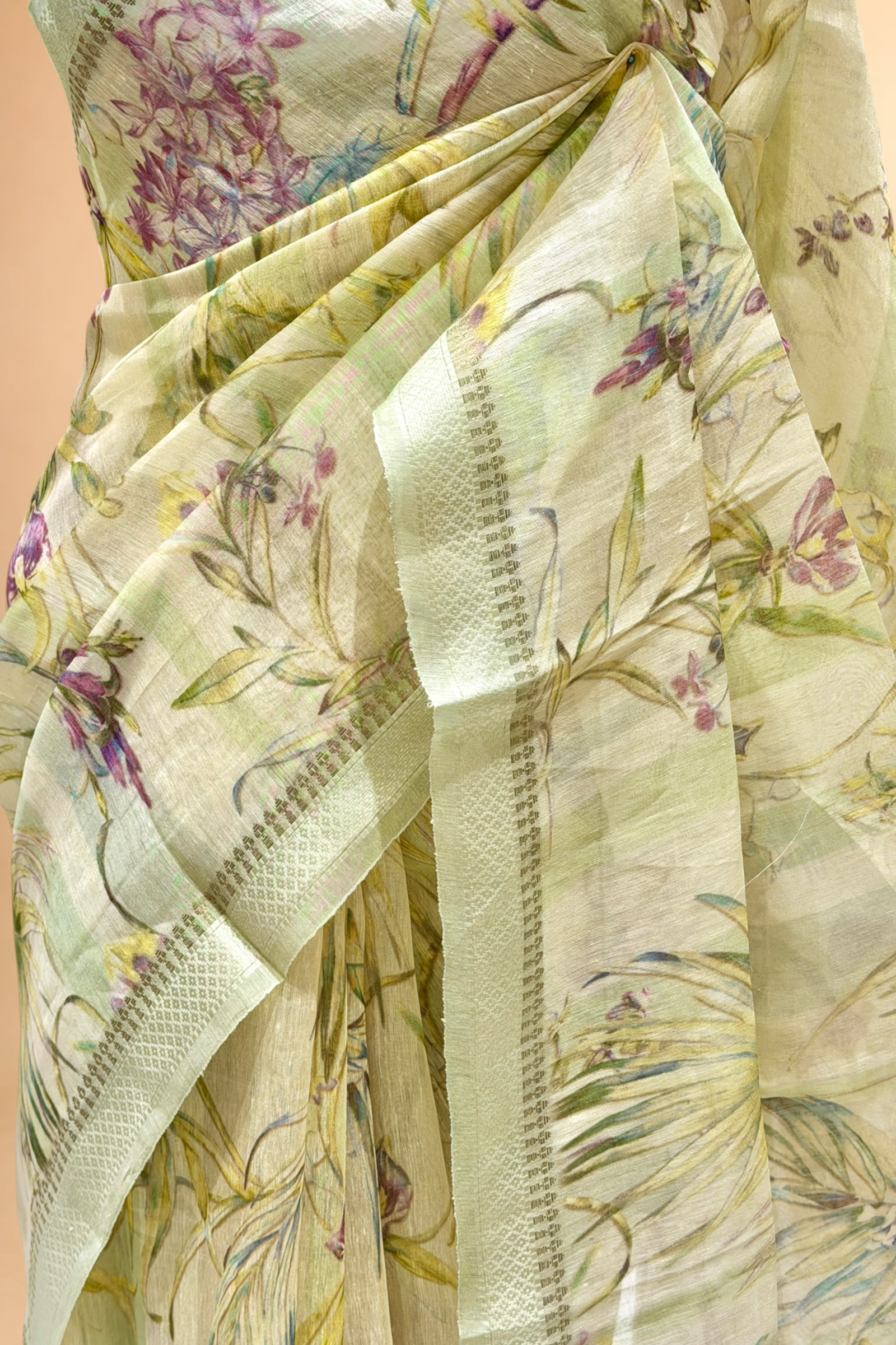 Pastel Pista Green Pure Linen Pichwai Printed Silk Saree
