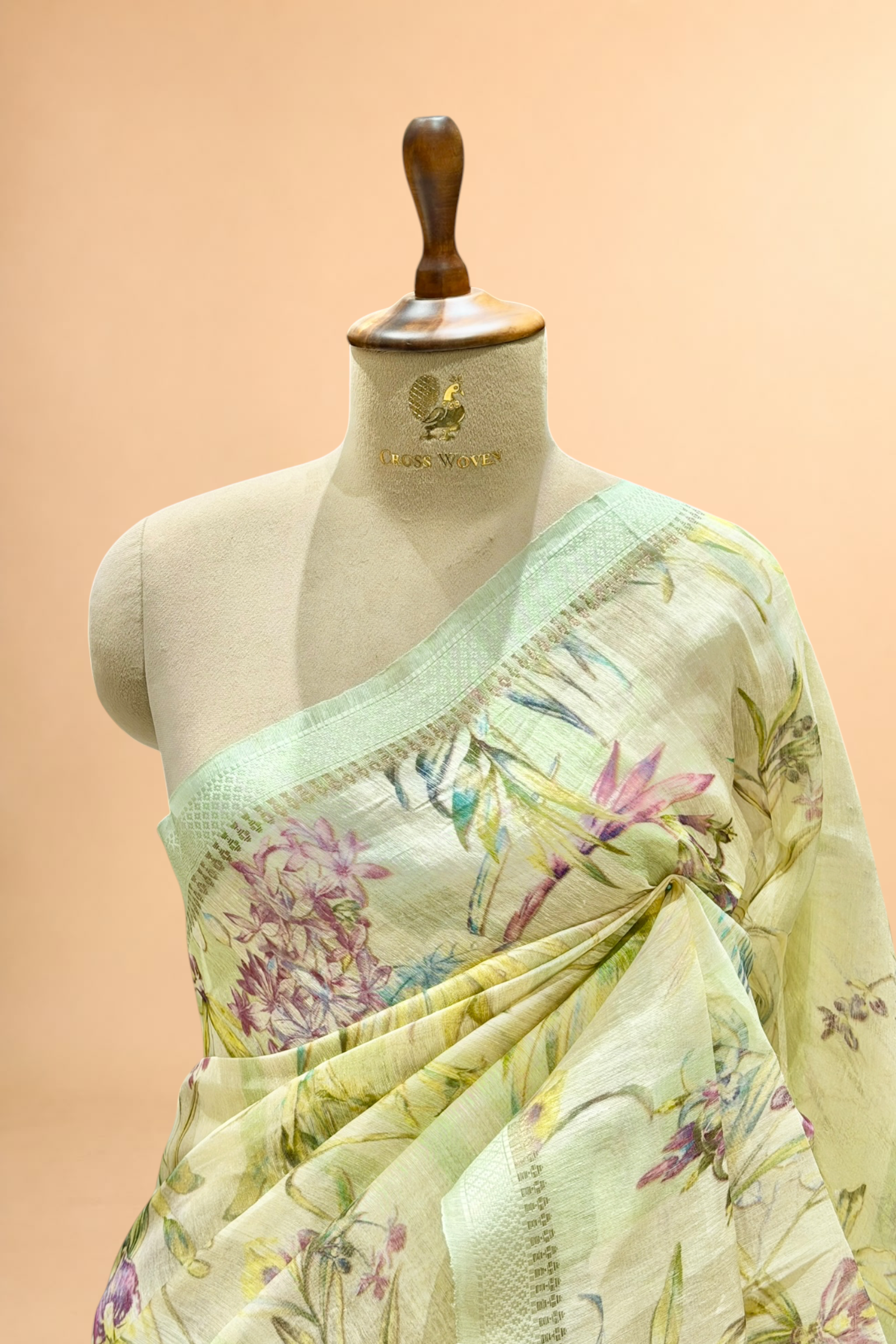 Pastel Pista Green Pure Linen Pichwai Printed Silk Saree
