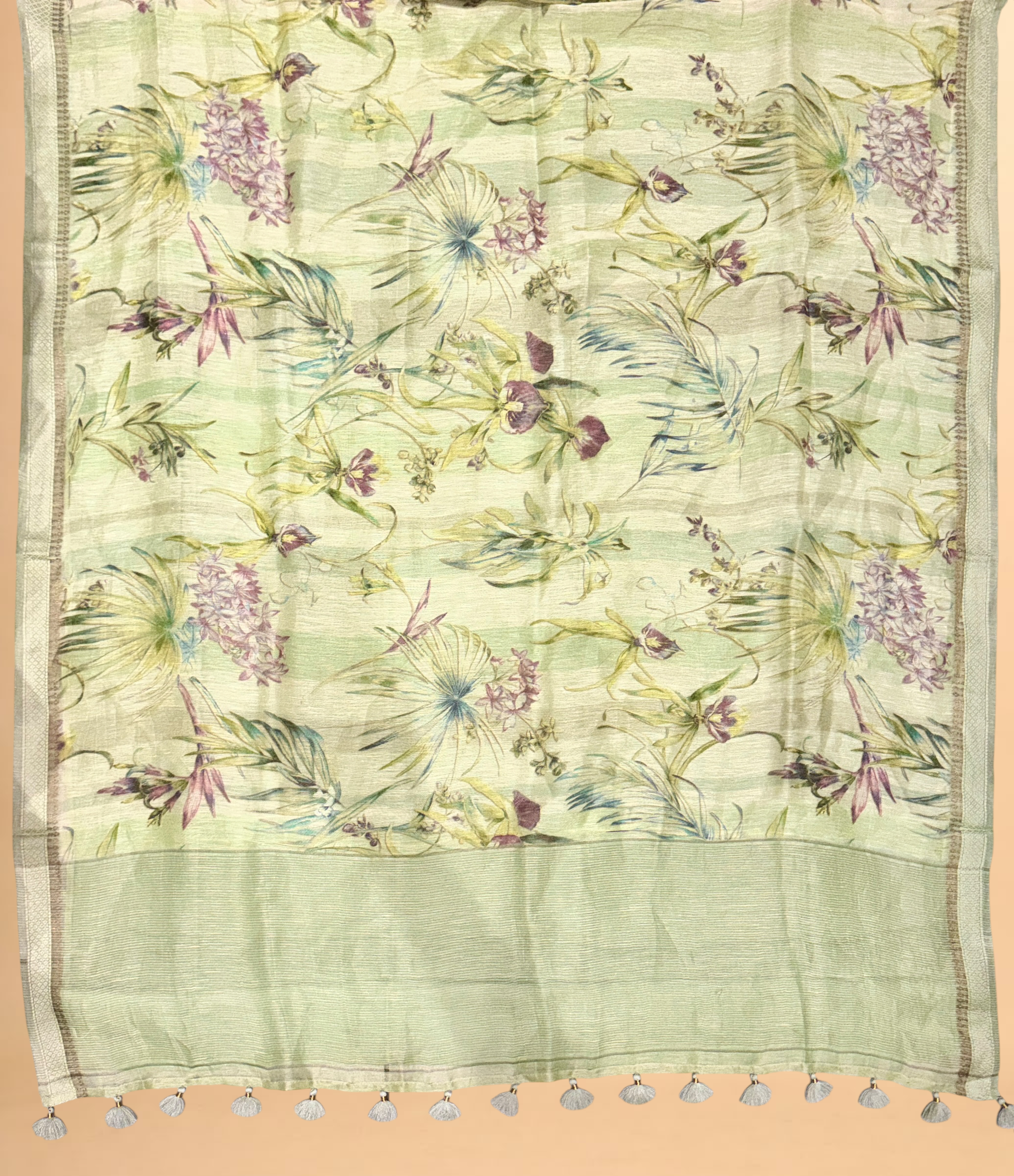 Pastel Pista Green Pure Linen Pichwai Printed Silk Saree