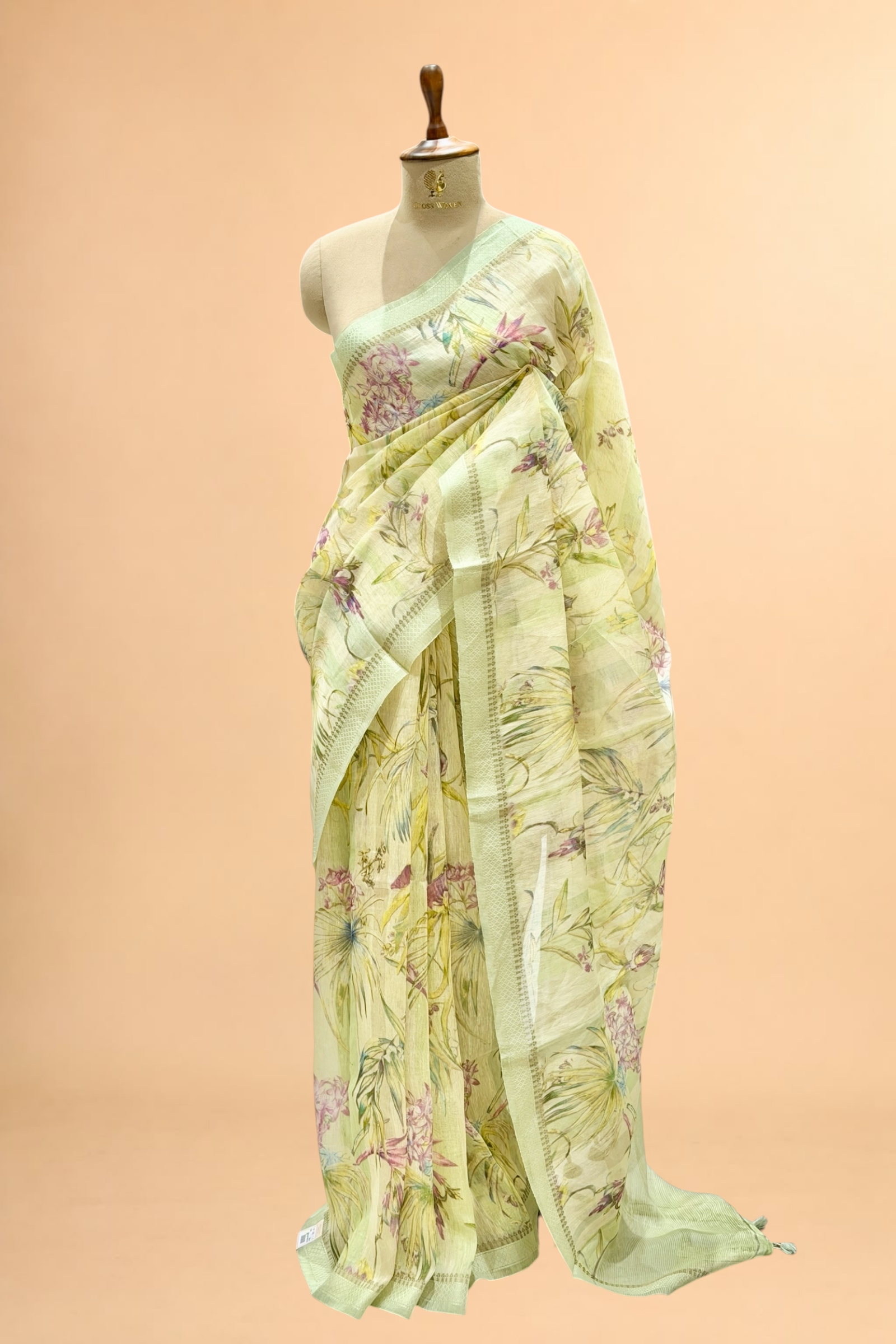 Pastel Pista Green Pure Linen Pichwai Printed Silk Saree