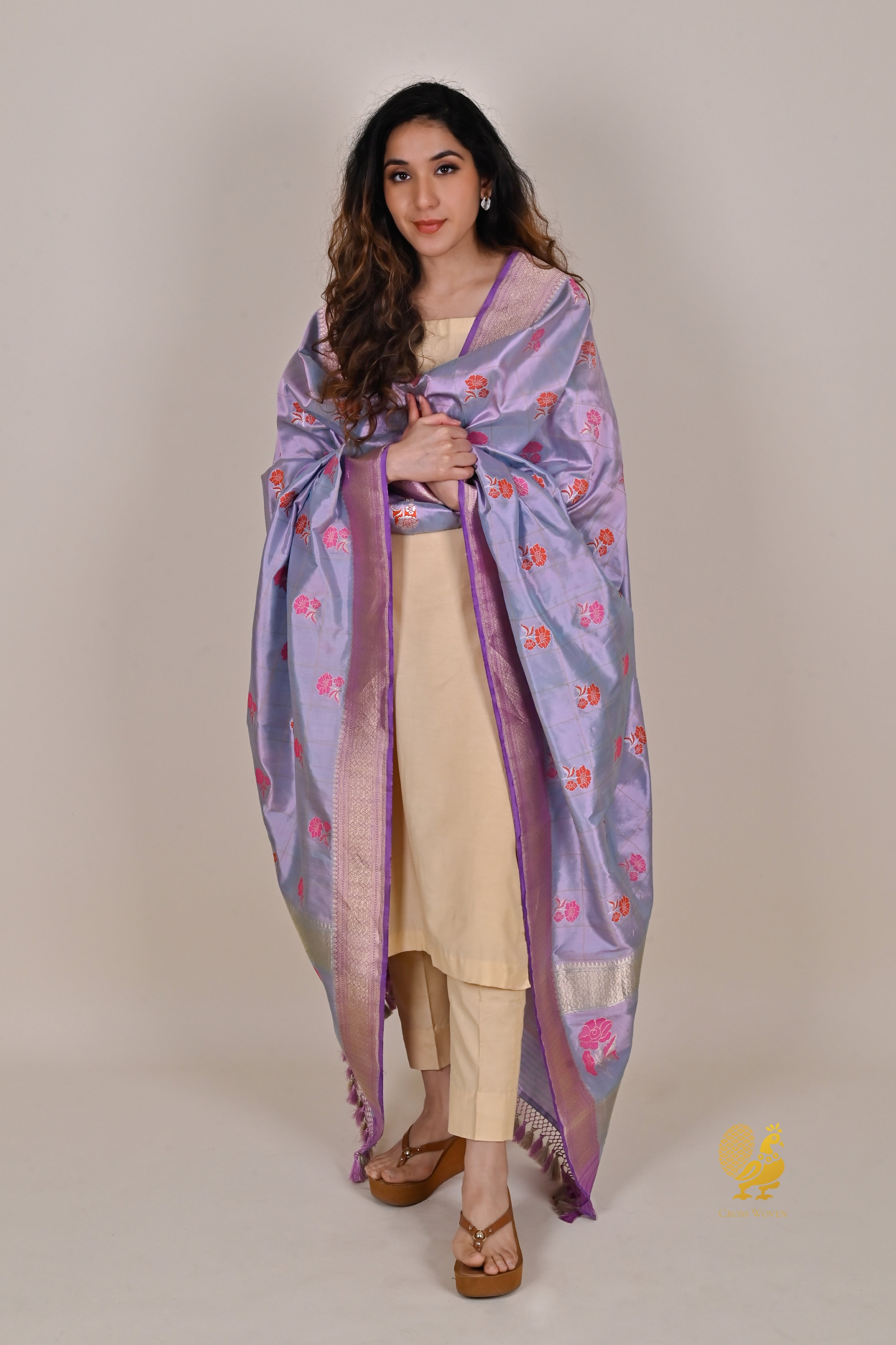 Dual Tone Lavender Lilac Pure Katan Silk Banarasi Handloom Dupatta