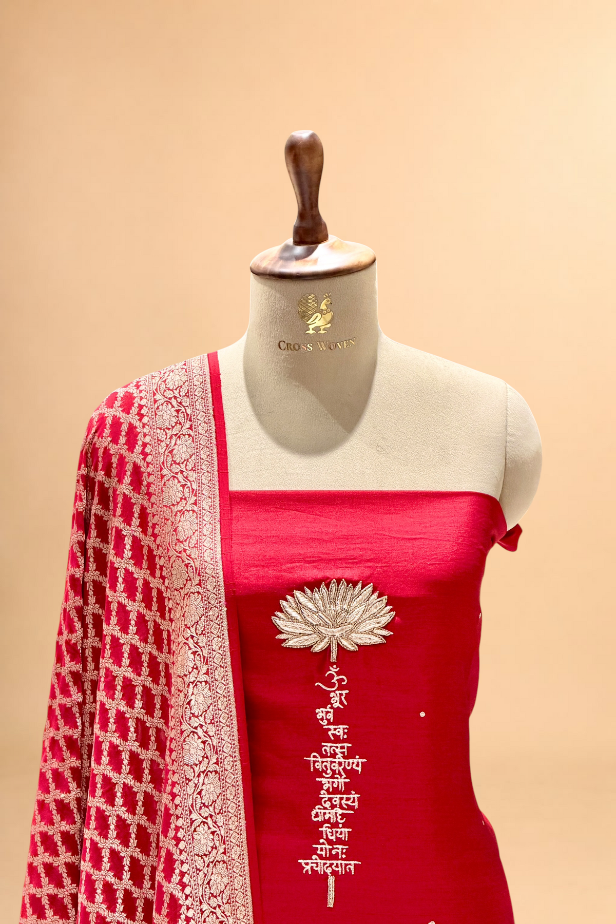 Red Chiniya Silk Suit Set With Gayatri Mantra And Georgette Dupatta