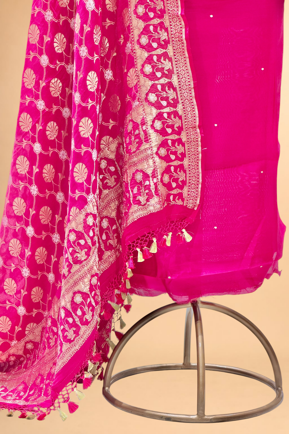 Bright Pink Chiniya Silk Suit Set With Gayatri Mantra And Georgette Dupatta