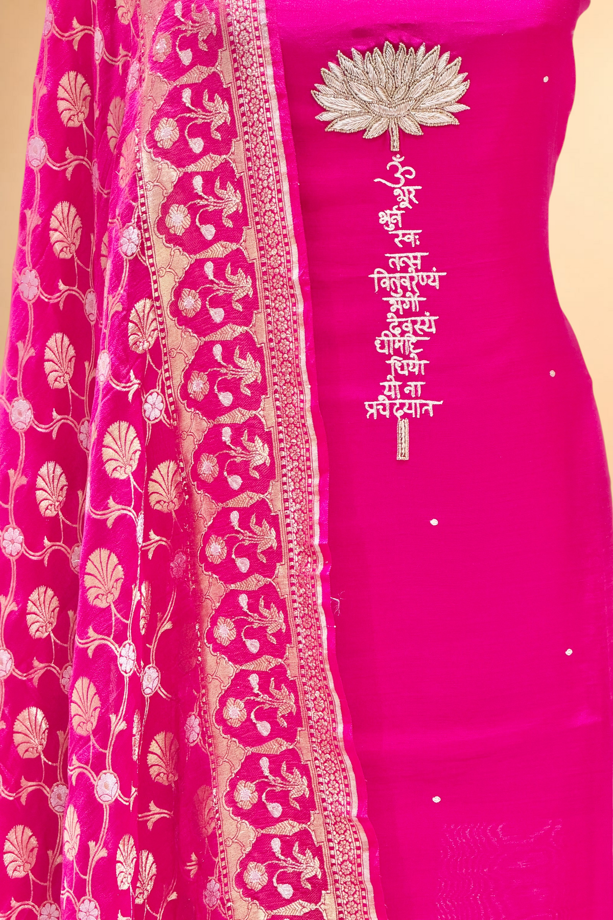 Bright Pink Chiniya Silk Suit Set With Gayatri Mantra And Georgette Dupatta