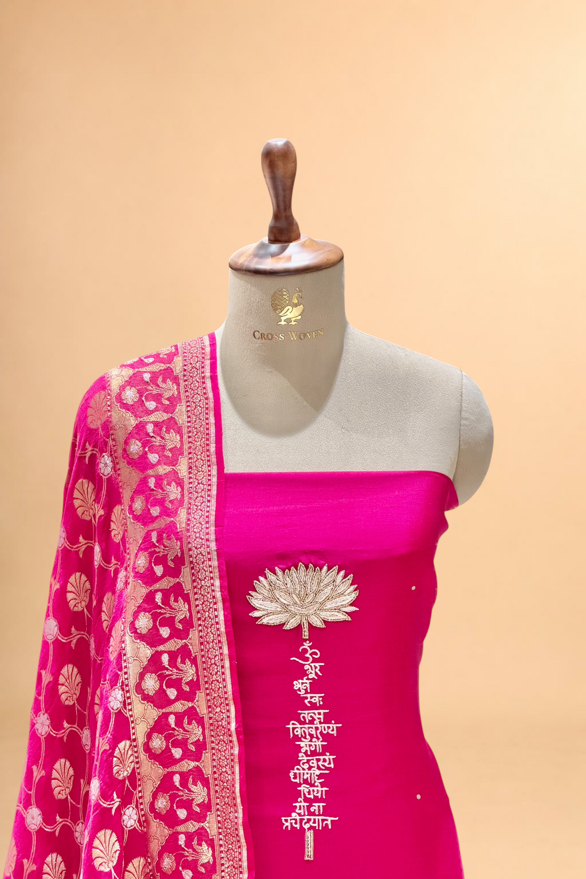 Bright Pink Chiniya Silk Suit Set With Gayatri Mantra And Georgette Dupatta