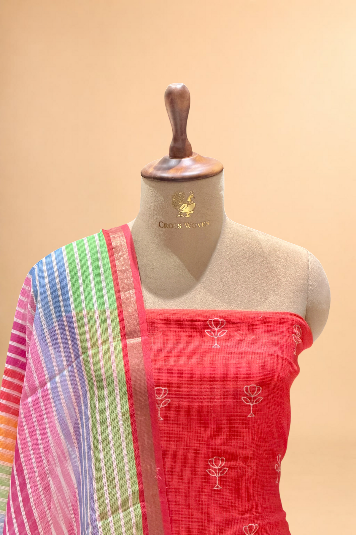 Red Pure Kota Silk Suit Sets With Stripe Dupatta