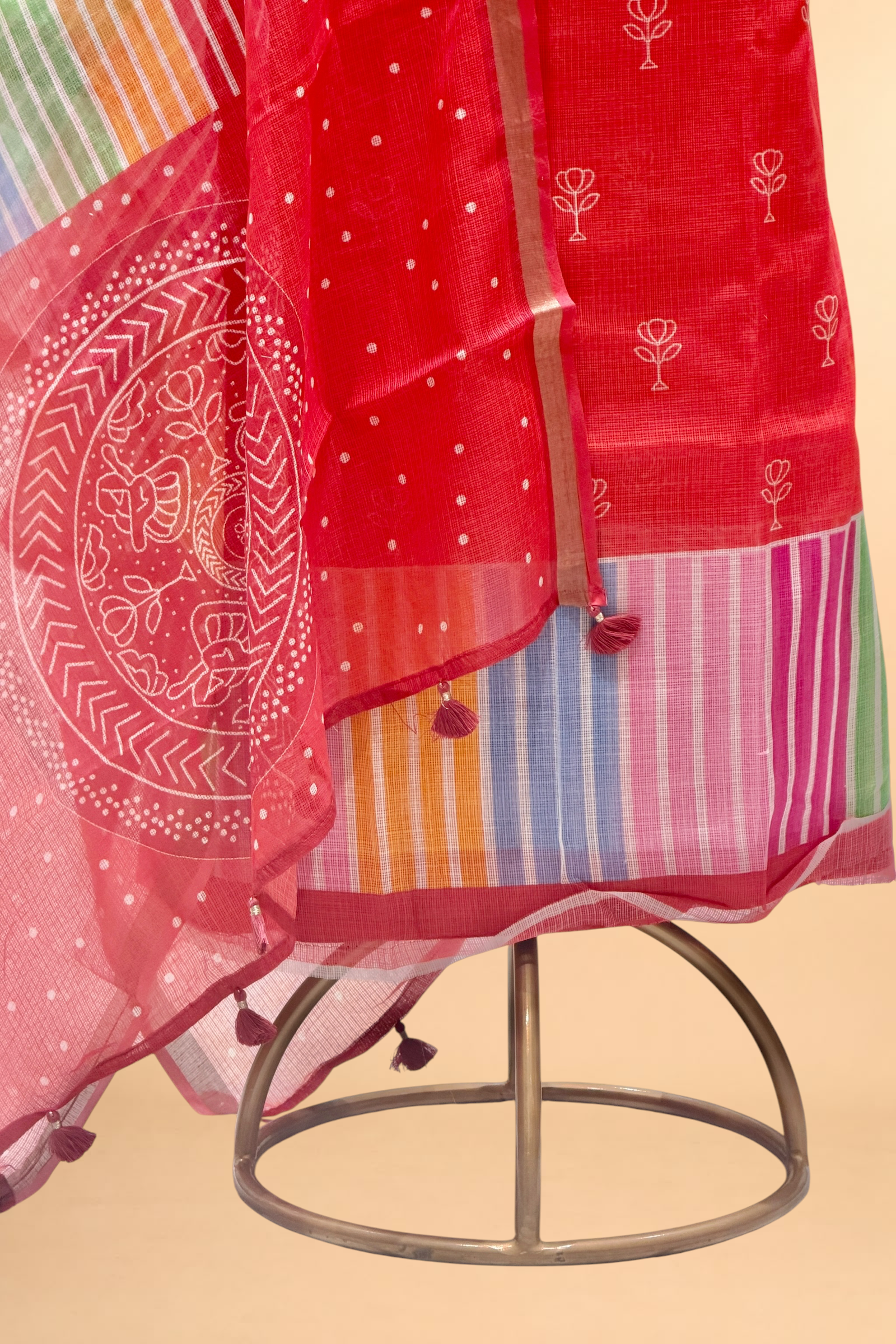 Red Pure Kota Silk Suit Sets With Stripe Dupatta